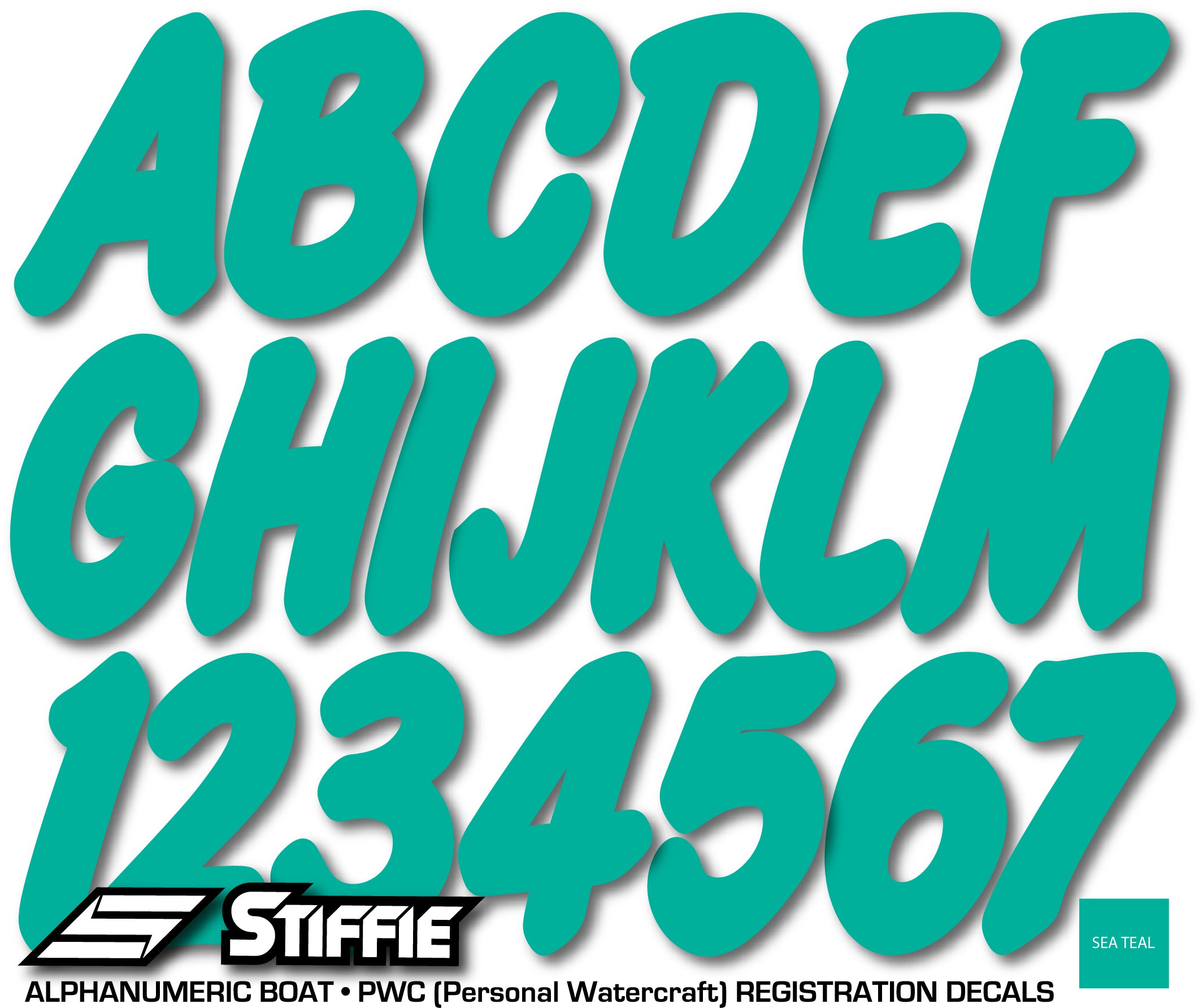 STIFFIE Whip-One Sea Teal 3" Alpha-Numeric Registration Identification Numbers Stickers Decals for Boats & Personal Watercraft