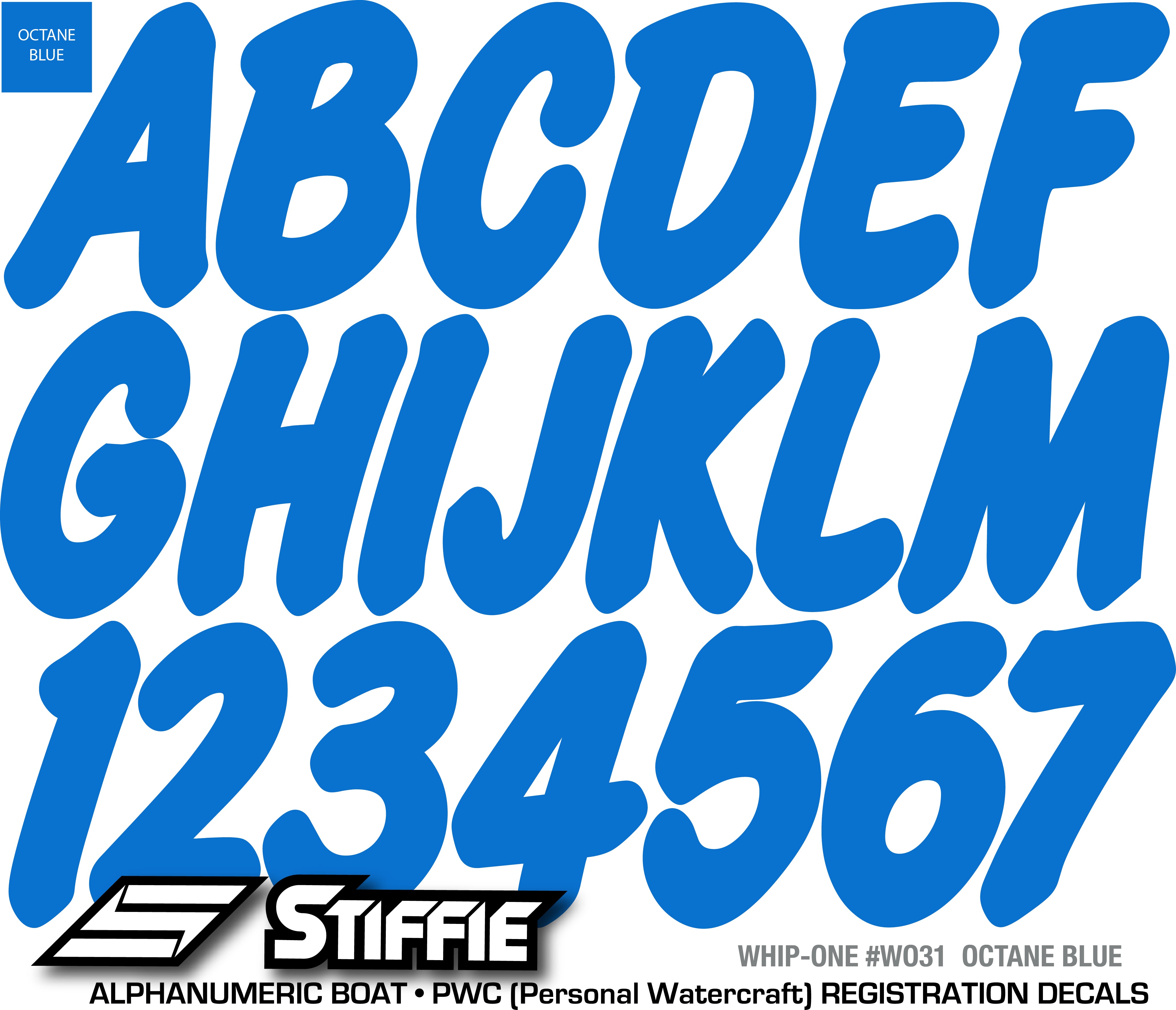 STIFFIE Whip-One Octane Blue 3" Alpha-Numeric Registration Identification Numbers Stickers Decals for Boats & Personal Watercraft