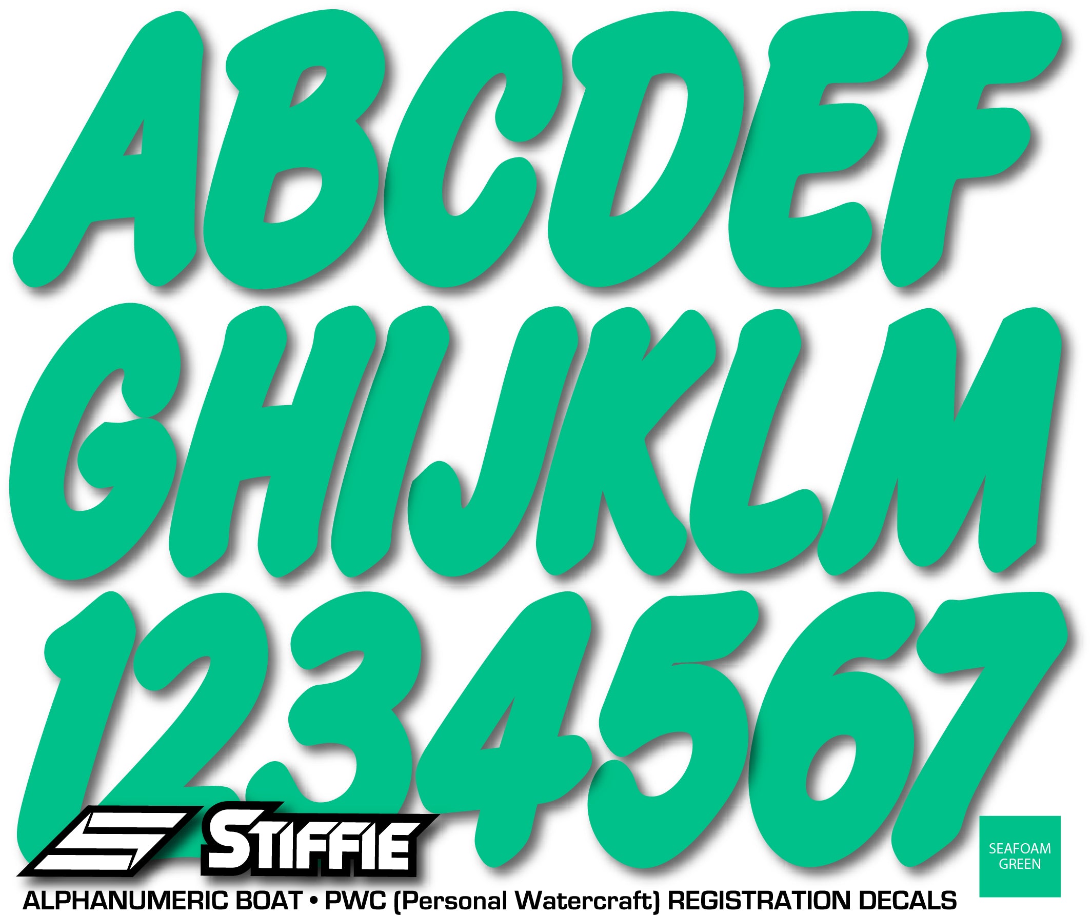 STIFFIE Whip-One Sea Foam Green 3" Alpha-Numeric Registration Identification Numbers Stickers Decals for Boats & Personal Watercraft