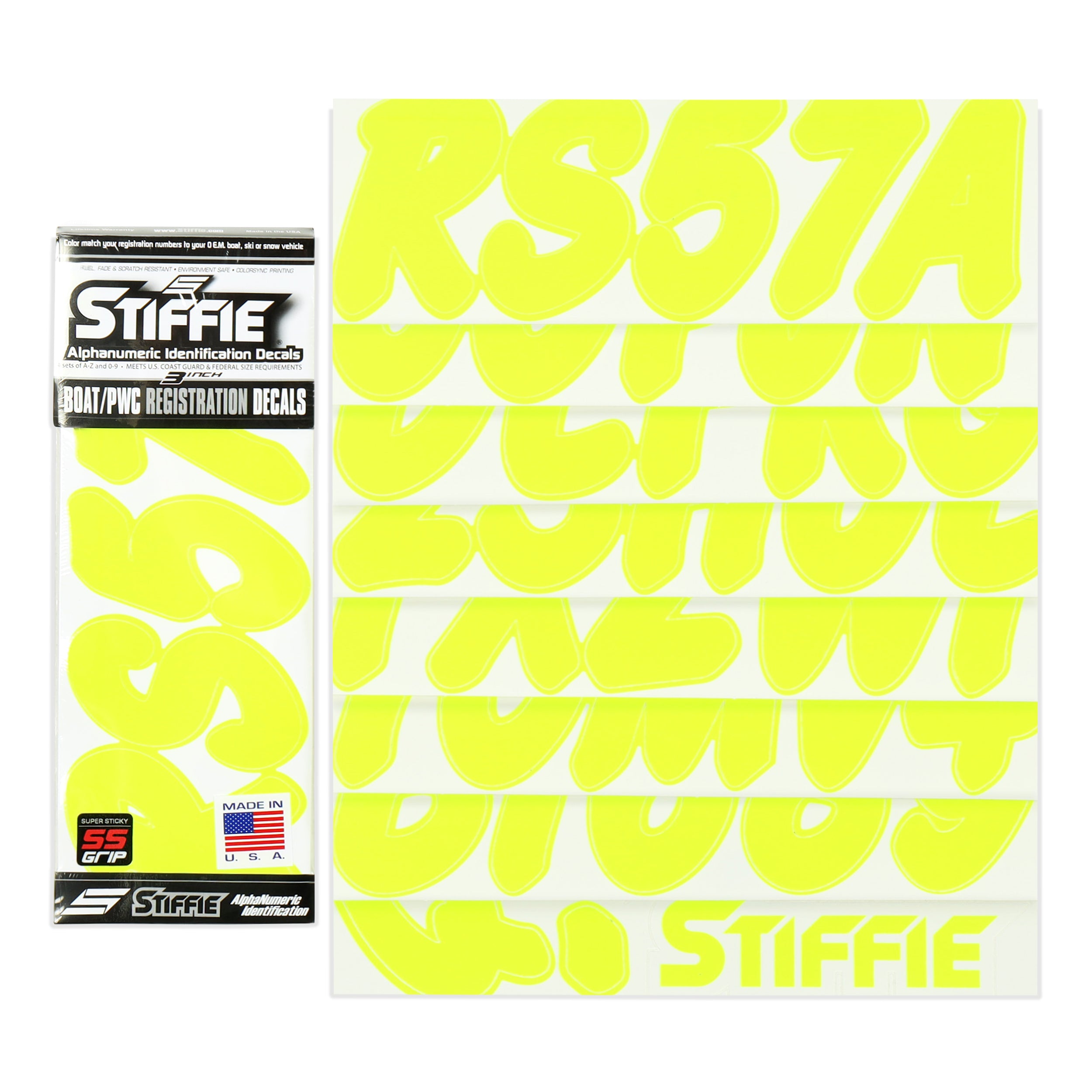 Stiffie Whip-One Day Glow Yellow Super Sticky 3" Alpha Numeric Registration Identification Numbers Stickers Decals for Sea-Doo Spark, Inflatable Boats, Ribs, Hypalon/PVC, PWC and Boats