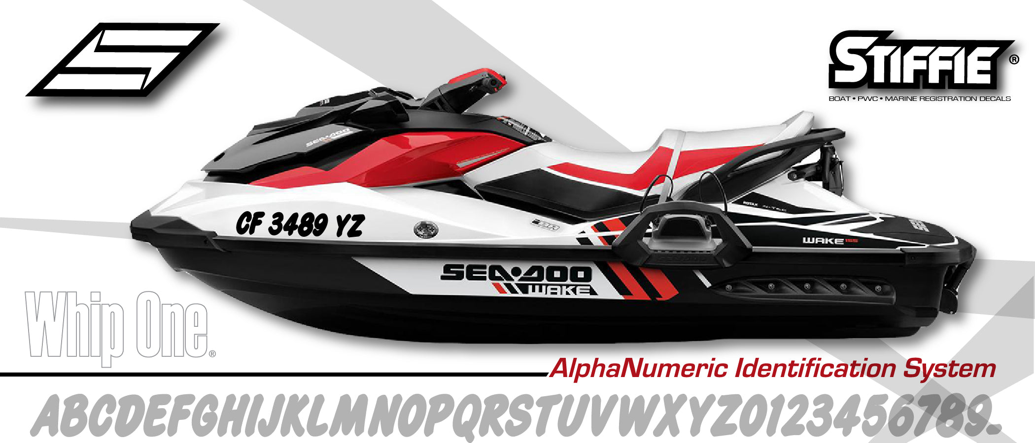 Stiffie Whip-One Red Super Sticky 3" Alpha Numeric Registration Identification Numbers Stickers Decals for Sea-Doo Spark, Inflatable Boats, Ribs, Hypalon/PVC, PWC and Boats