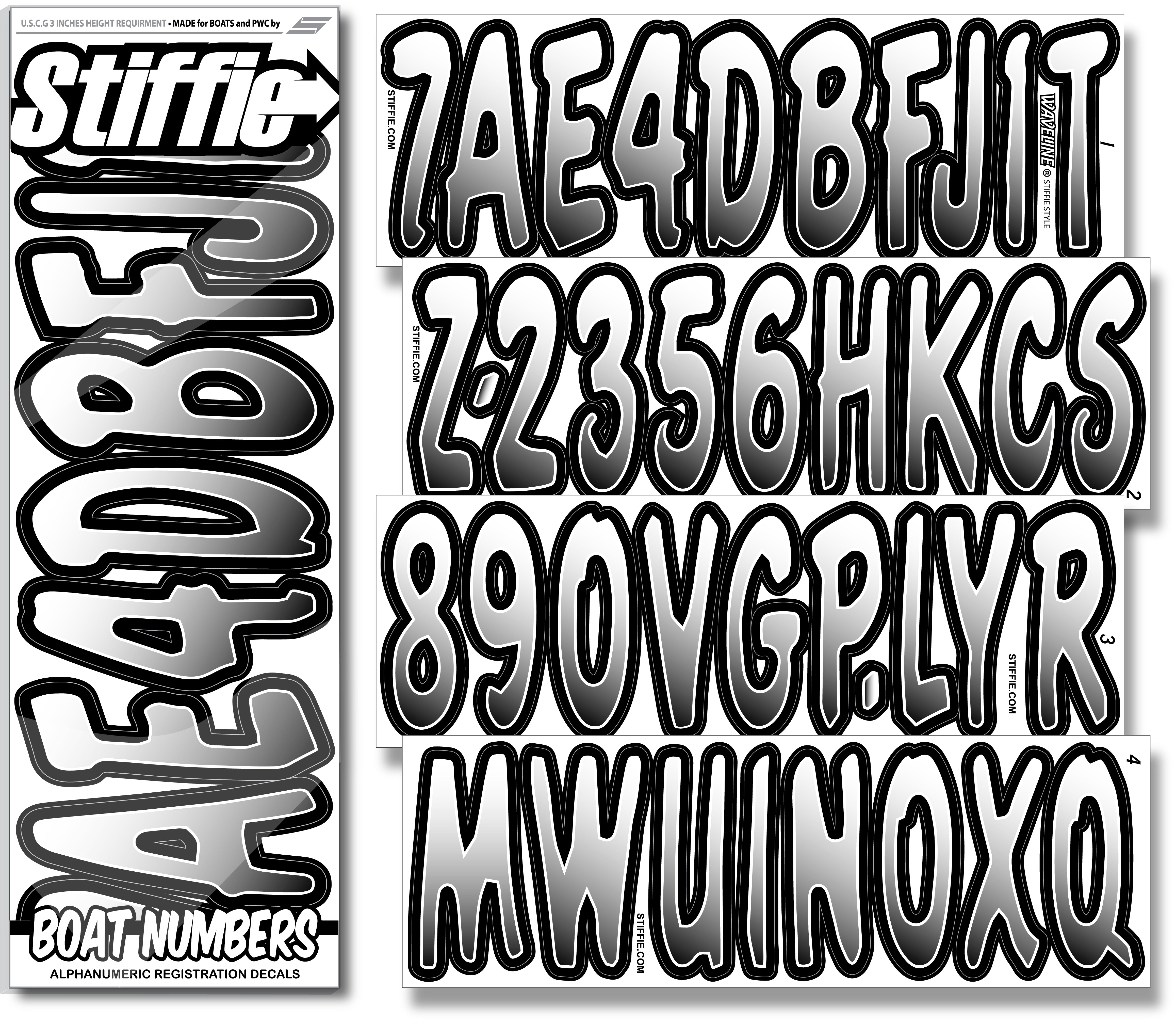 STIFFIE Waveline White/Black 3” Boat & PWC Registration Decals • Numbe