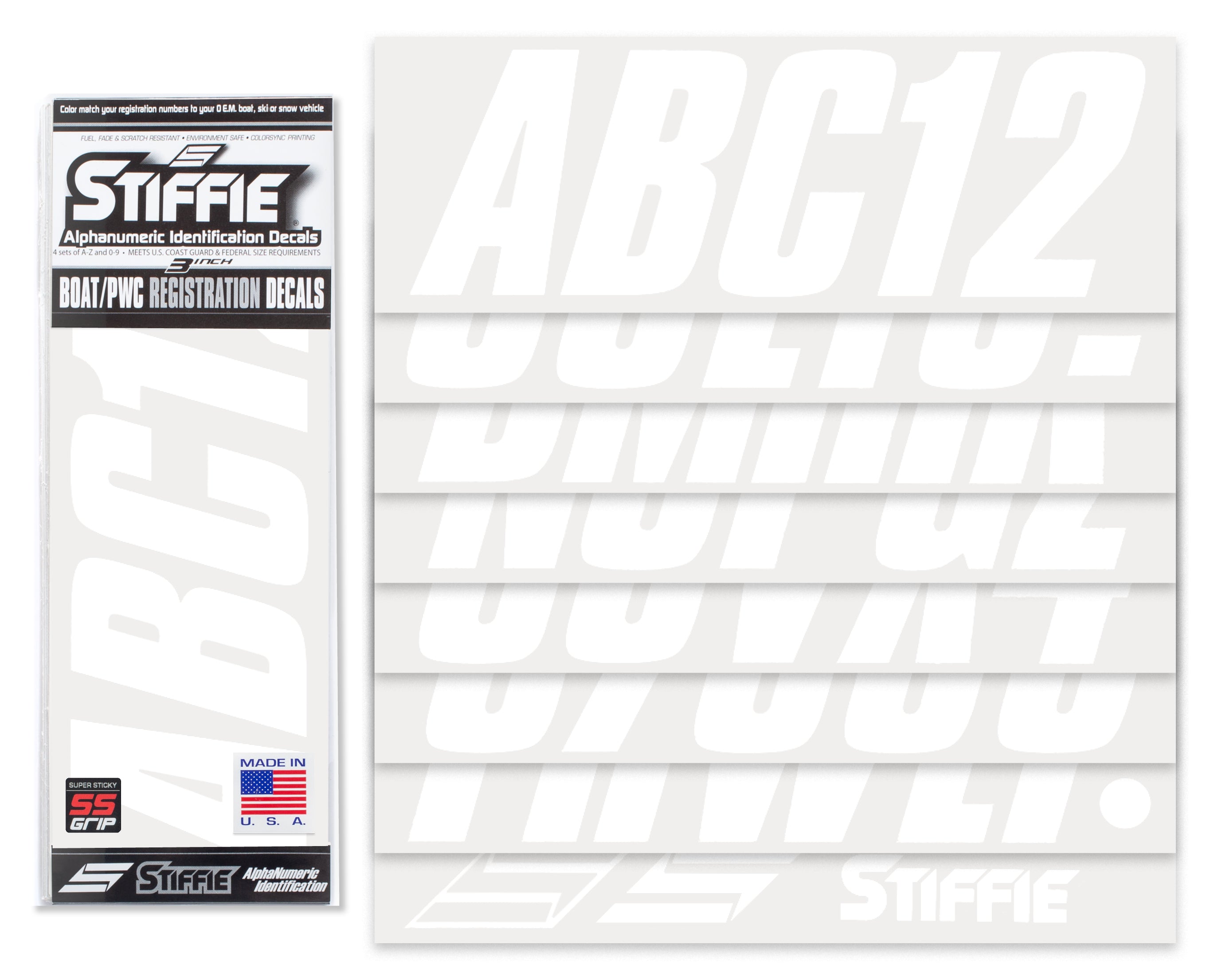STIFFIE Shift White Super Sticky 3" Alpha Numeric Registration Identification Numbers Stickers Decals for Sea-Doo Spark, Inflatable Boats, Ribs, Hypalon/PVC, PWC and Boats.
