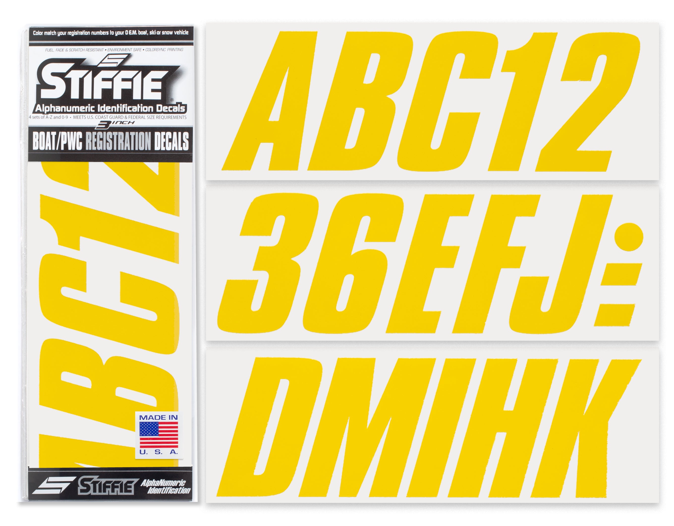 STIFFIE Shift Yellow 3" ID Kit Alpha-Numeric Registration Identification Numbers Stickers Decals for Boats & Personal Watercraft