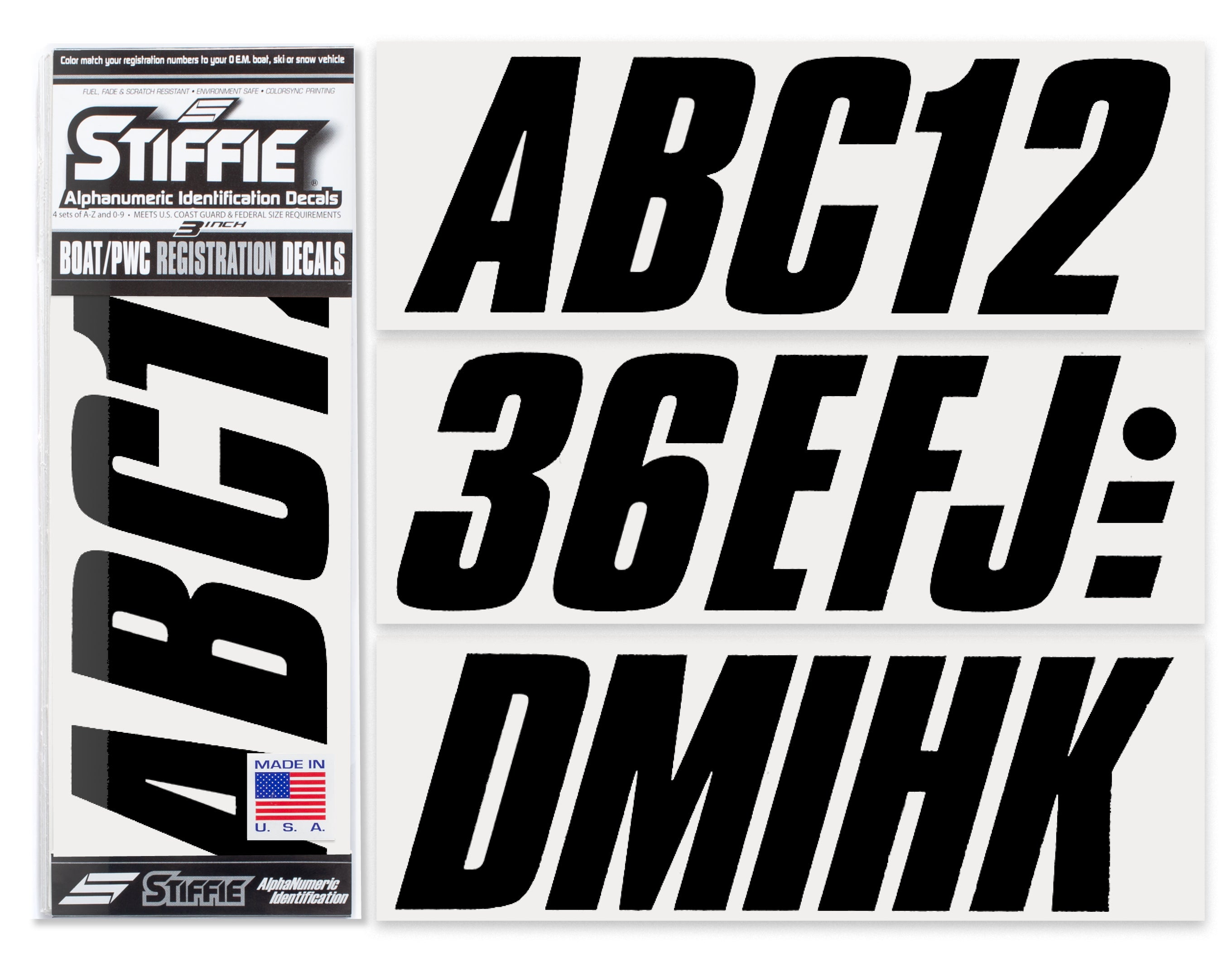 STIFFIE Shift Black 3" ID Kit Alpha-Numeric Registration Identification Numbers Stickers Decals for Boats & Personal Watercraft