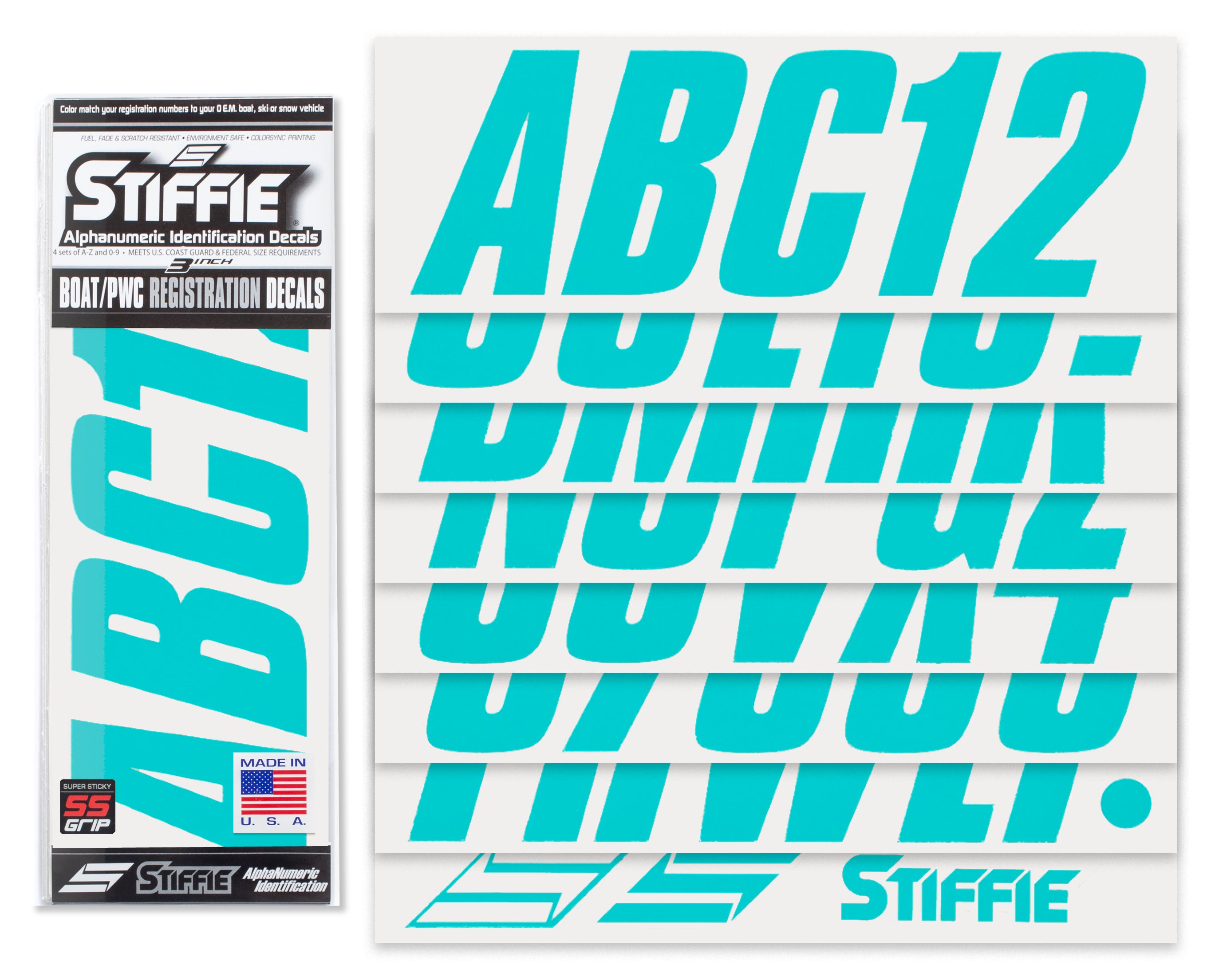STIFFIE Shift Candy Blue Super Sticky 3" Alpha Numeric Registration Identification Numbers Stickers Decals for Sea-Doo Spark, Inflatable Boats, Ribs, Hypalon/PVC, PWC and Boats.