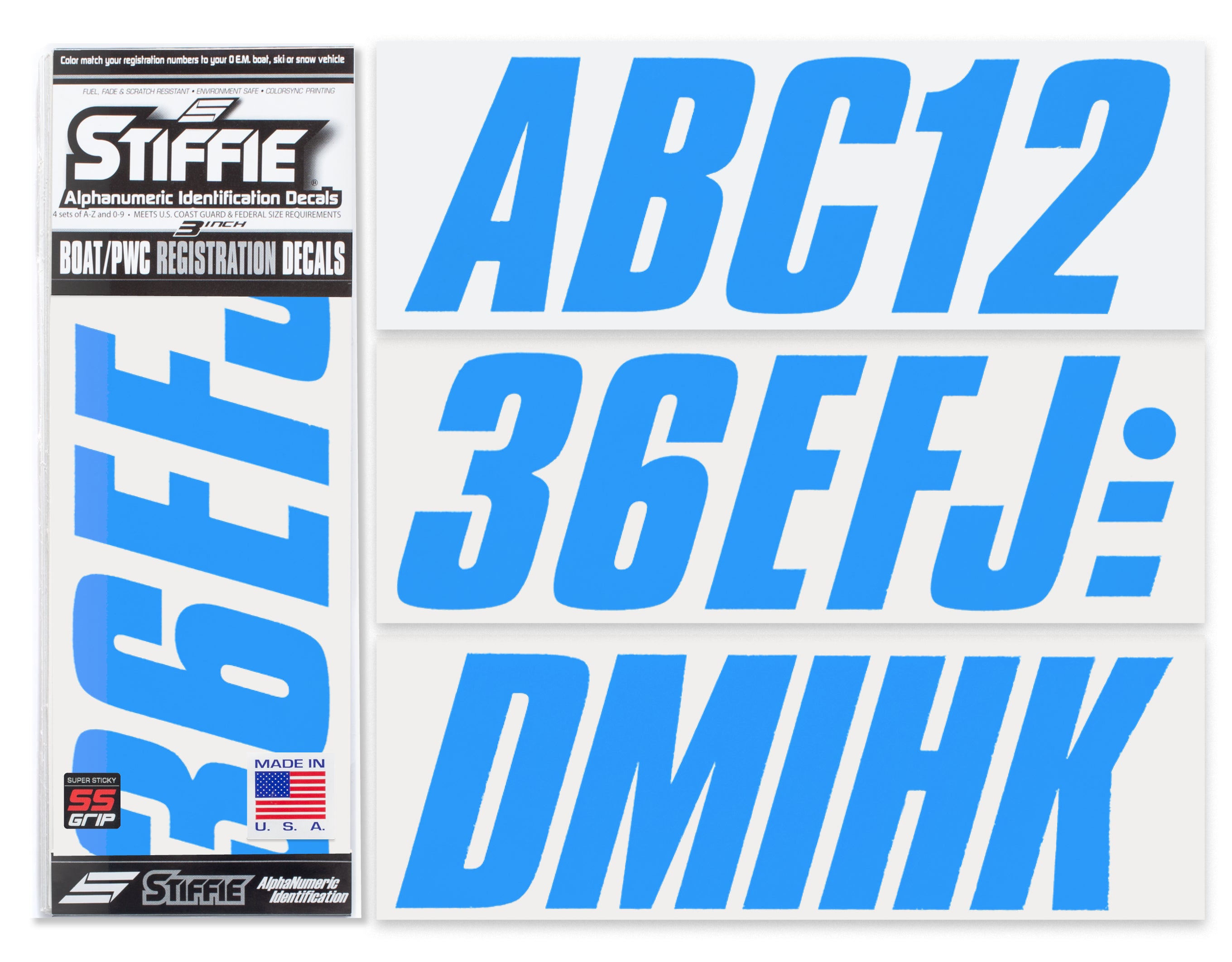 STIFFIE Shift Blueberry Super Sticky 3" Alpha Numeric Registration Identification Numbers Stickers Decals for Sea-Doo Spark, Inflatable Boats, Ribs, Hypalon/PVC, PWC and Boats.