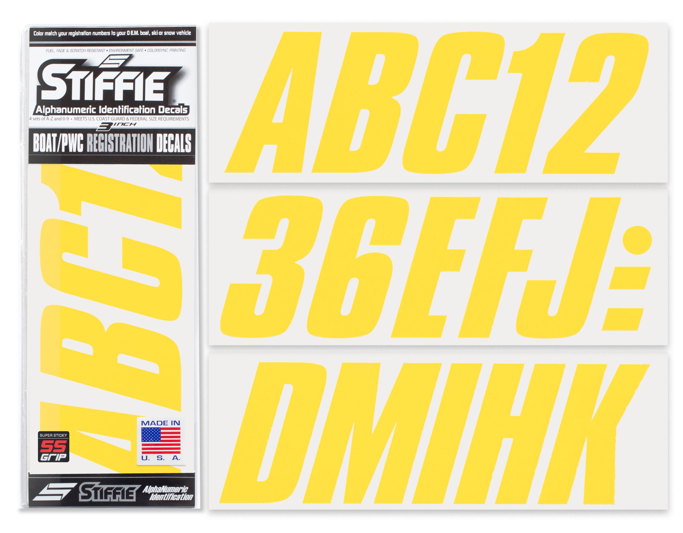 STIFFIE Shift Yellow Crush Super Sticky 3" Alpha Numeric Registration Identification Numbers Stickers Decals for Sea-Doo Spark, Inflatable Boats, Ribs, Hypalon/PVC, PWC and Boats.