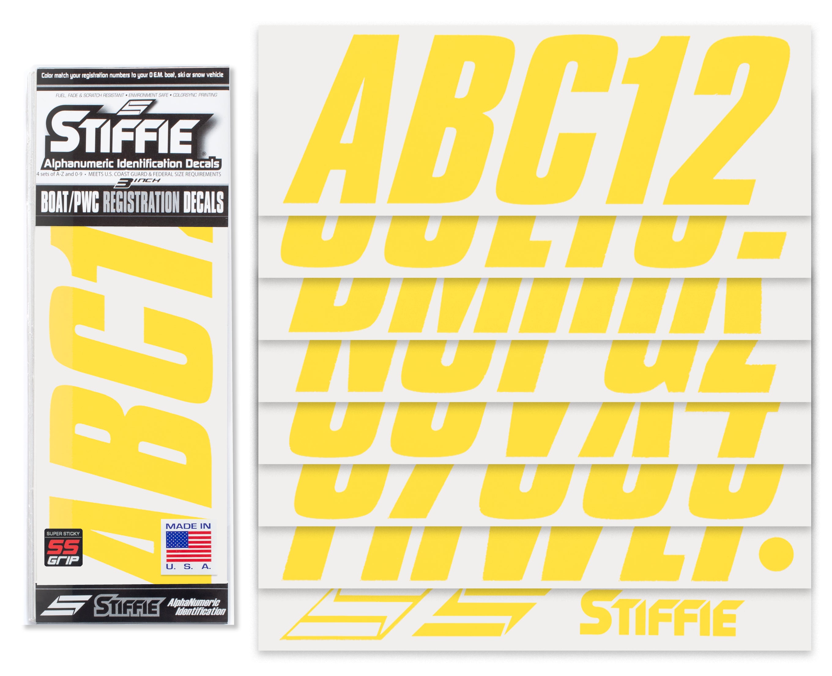 STIFFIE Shift Yellow Crush Super Sticky 3" Alpha Numeric Registration Identification Numbers Stickers Decals for Sea-Doo Spark, Inflatable Boats, Ribs, Hypalon/PVC, PWC and Boats.