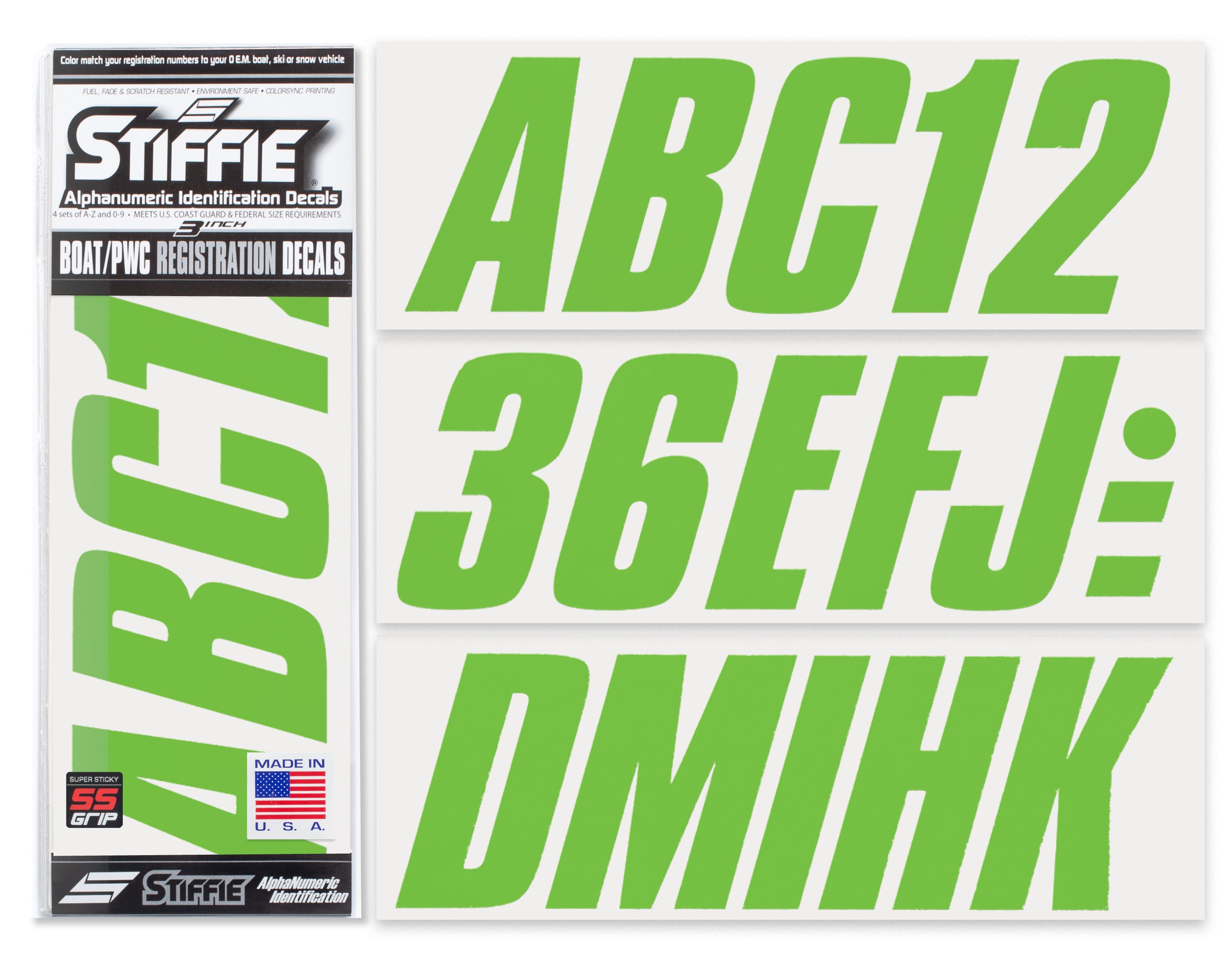 STIFFIE Shift Team Green Super Sticky 3" Alpha Numeric Registration Identification Numbers Stickers Decals for Sea-Doo Spark, Inflatable Boats, Ribs, Hypalon/PVC, PWC and Boats.