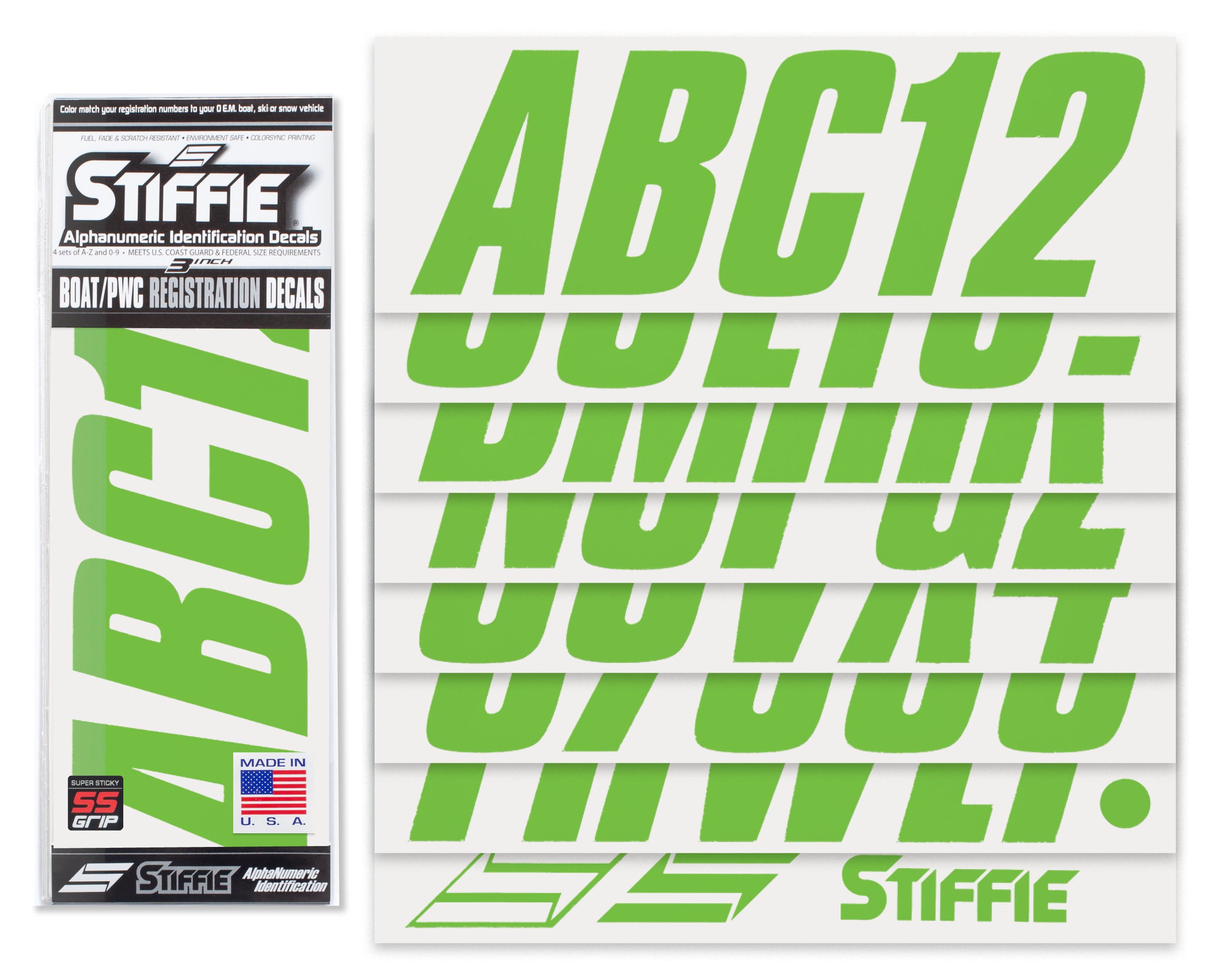 STIFFIE Shift Team Green Super Sticky 3" Alpha Numeric Registration Identification Numbers Stickers Decals for Sea-Doo Spark, Inflatable Boats, Ribs, Hypalon/PVC, PWC and Boats.