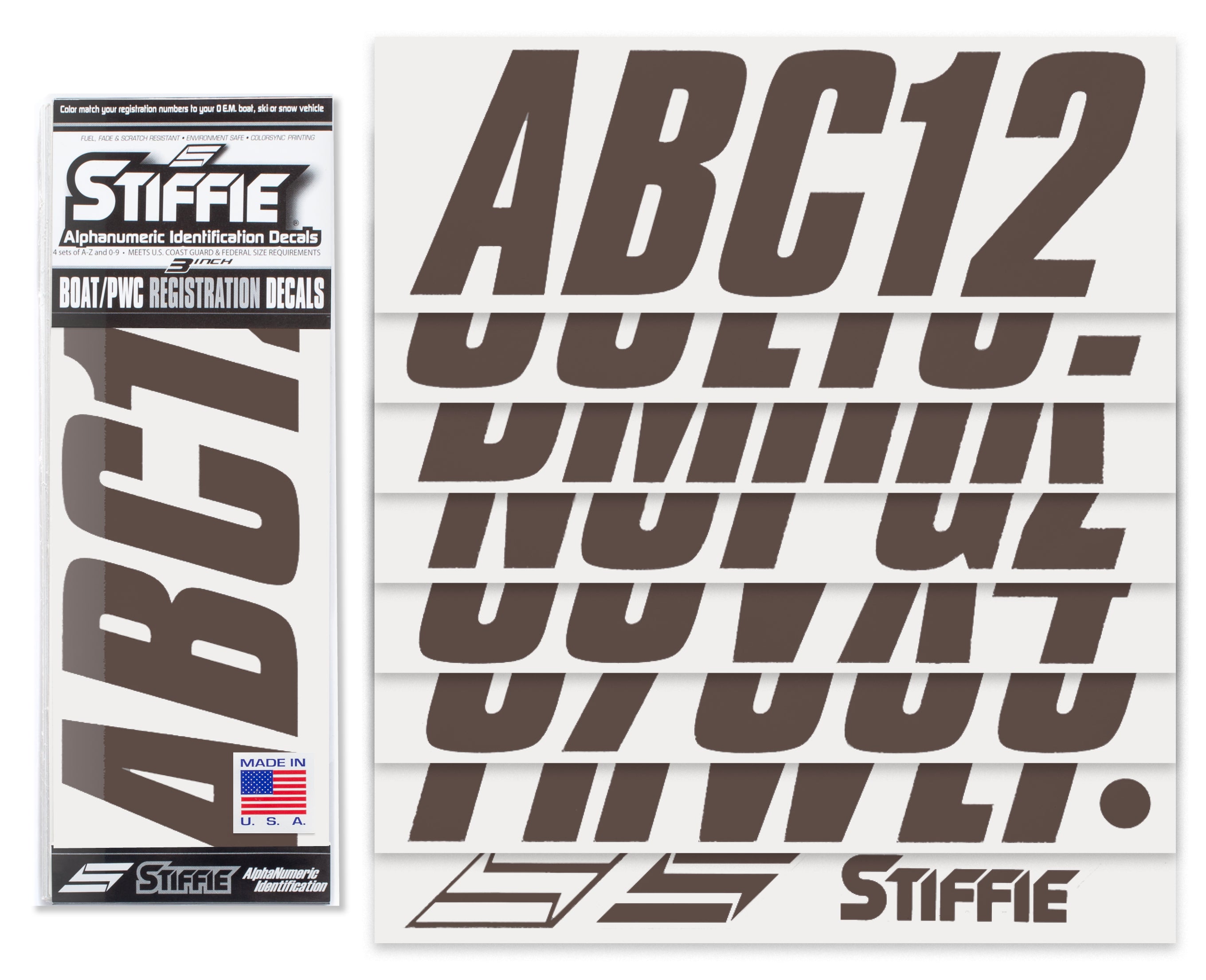 STIFFIE Shift Brown 3" ID Kit Alpha-Numeric Registration Identification Numbers Stickers Decals for Boats & Personal Watercraft