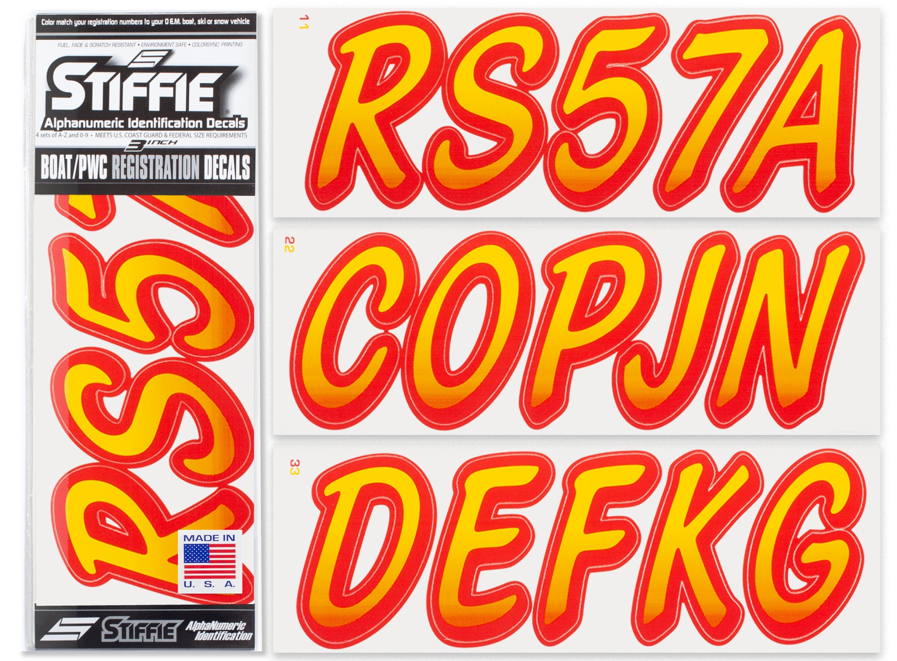 STIFFIE Whipline Yellow/Red 3" Boat & PWC Registration Decals • Numbers Letters Stickers