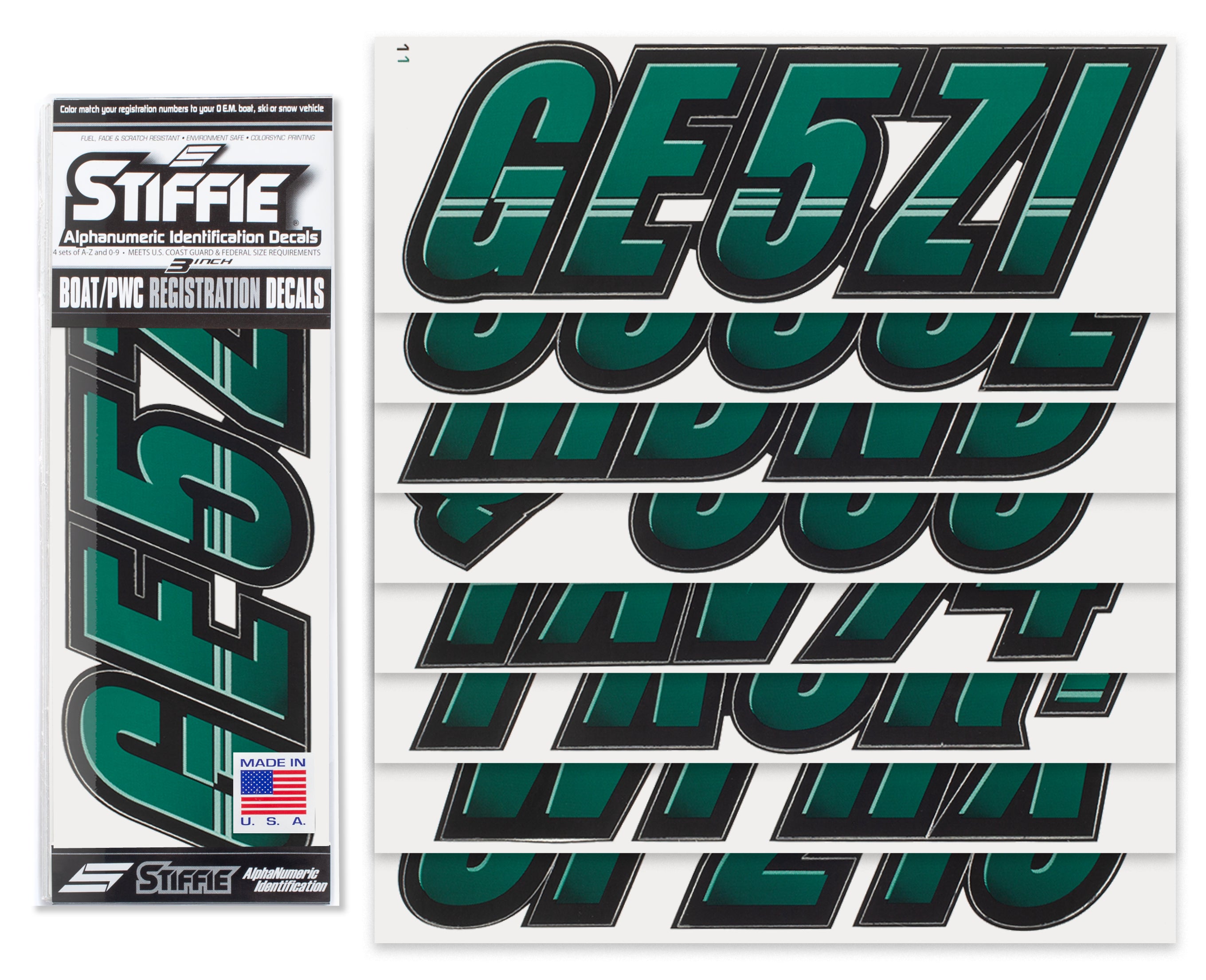STIFFIE Techtron Racing Green/Black 3” Boat & PWC Registration Decals