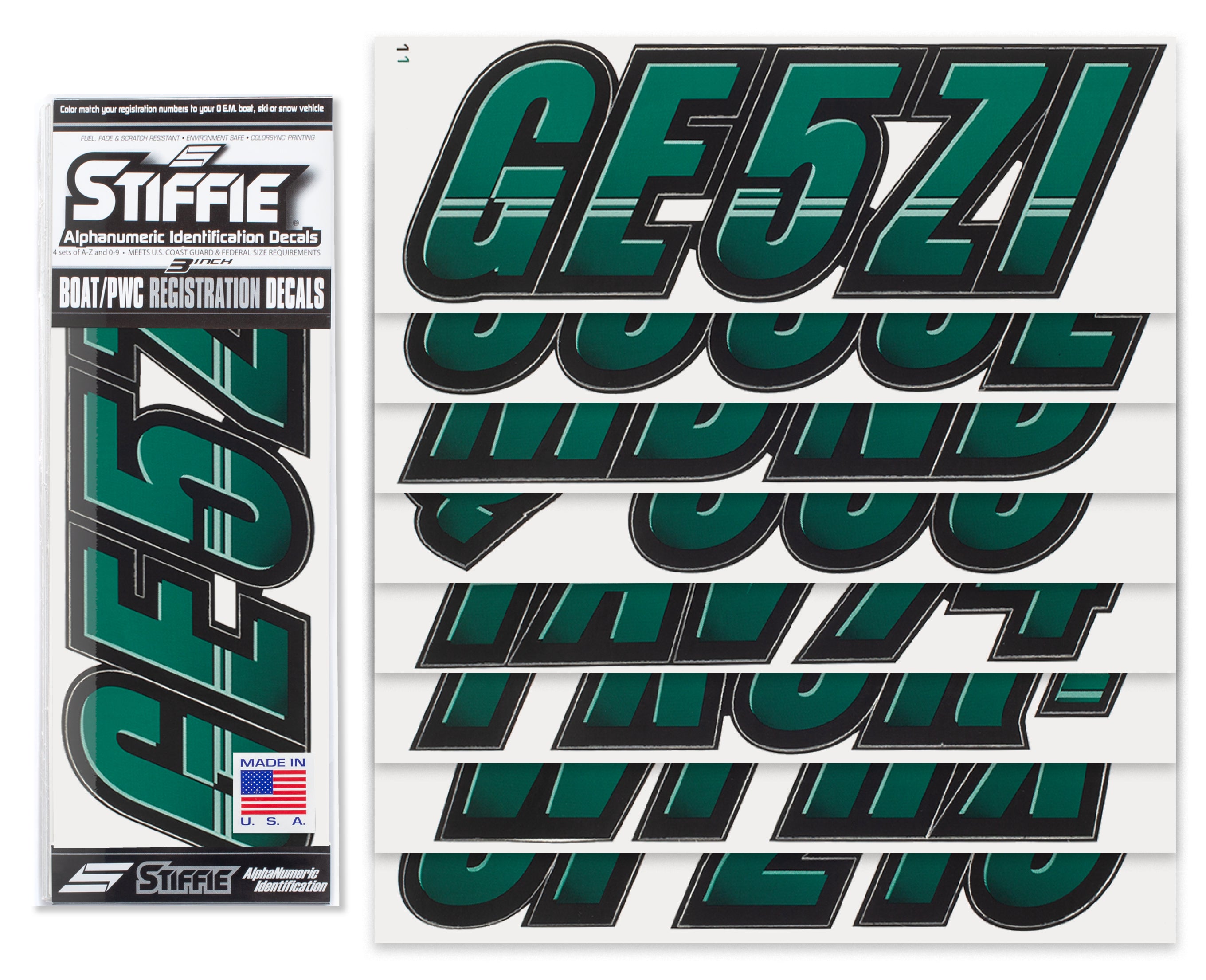STIFFIE Techtron Racing Green/Black 3" Alpha-Numeric Registration Identification Numbers Stickers Decals for Boats & Personal Watercraft