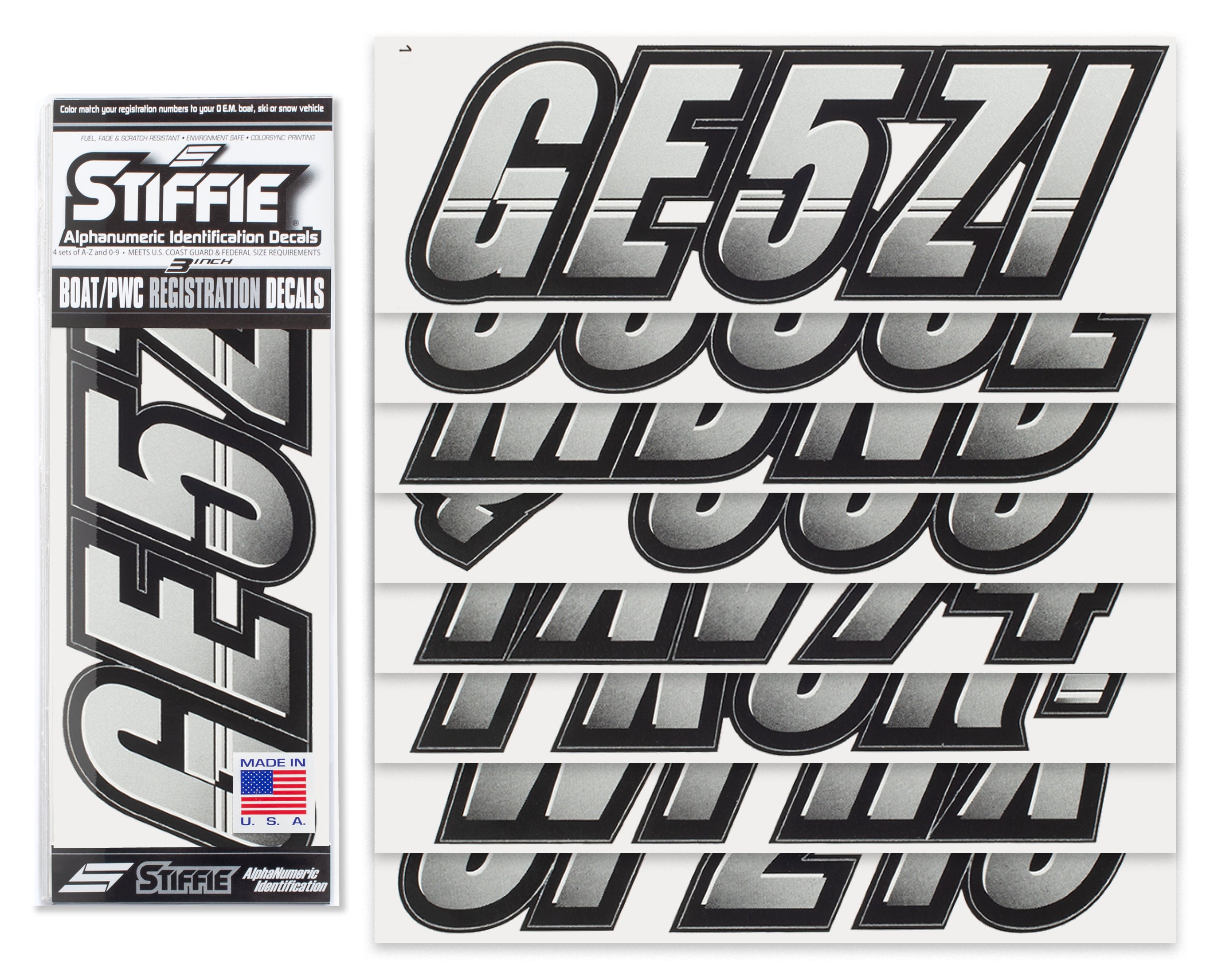 STIFFIE Techtron Silver/Black 3” Boat & PWC Registration Decals • Numbers Letters Stickers