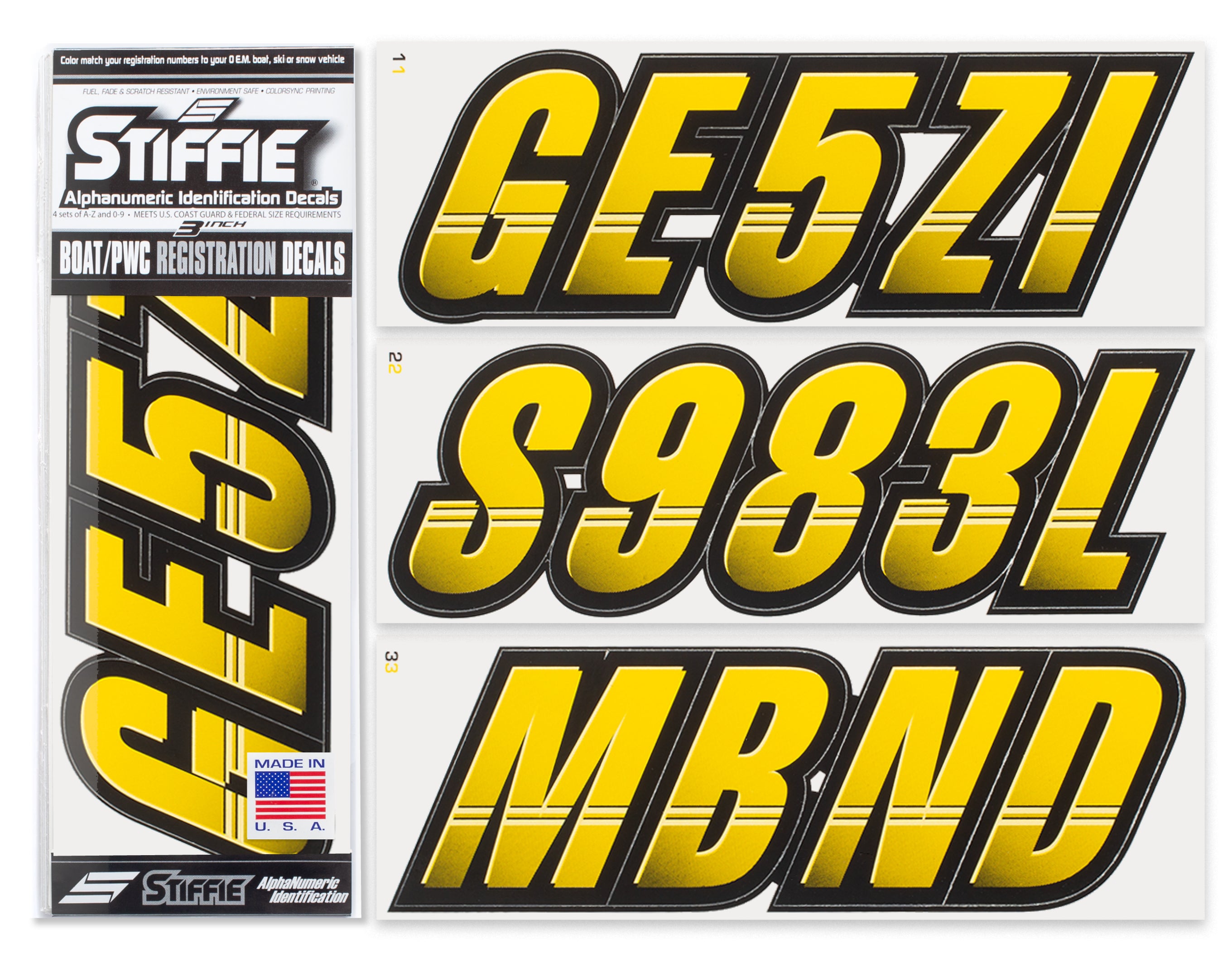 Stiffie Techtron Yellow/Black 3" Alpha-Numeric Registration Identification Numbers Stickers Decals for Boats & Personal Watercraft