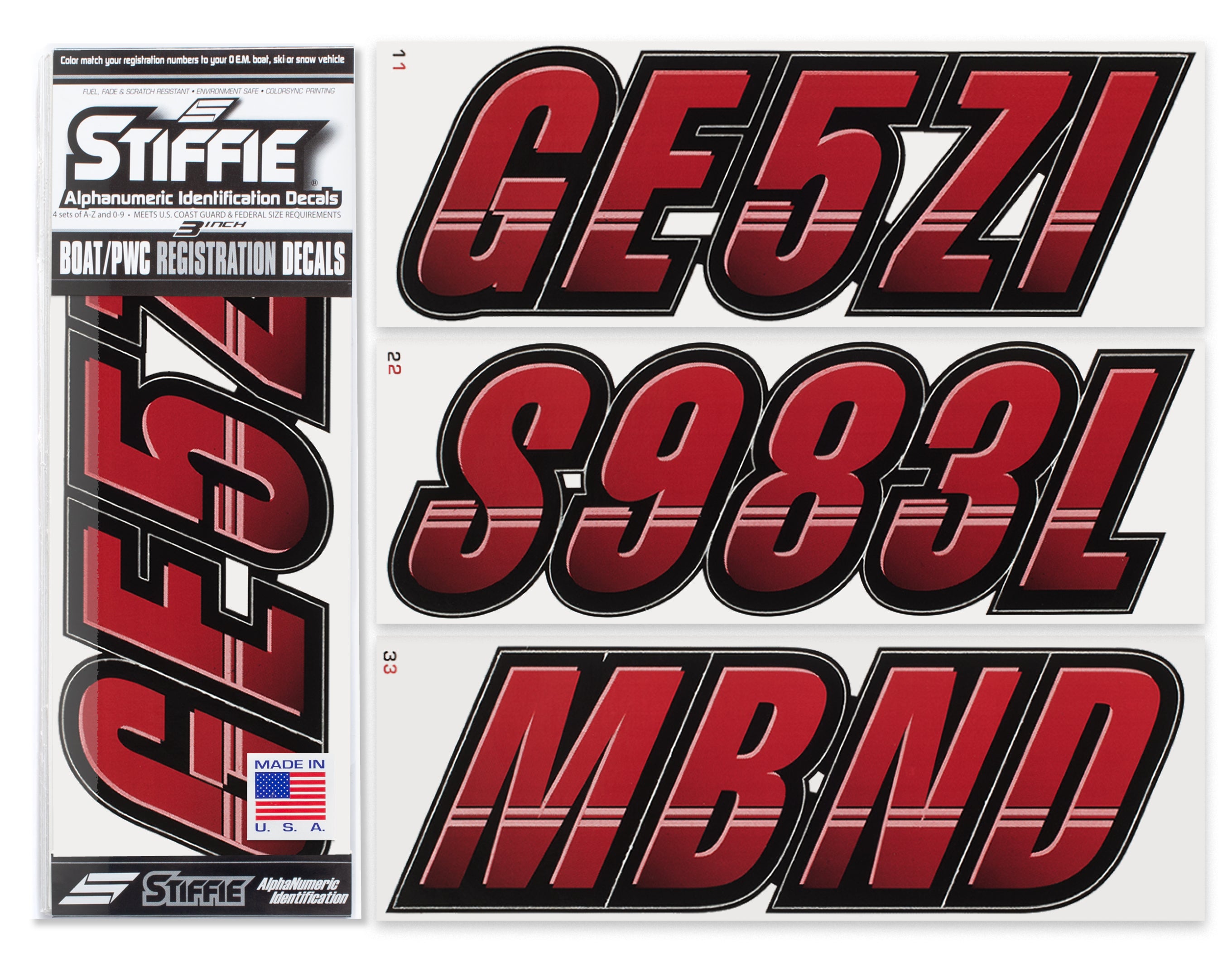 Stiffie Techtron Burgundy/Black 3" Alpha-Numeric Registration Identification Numbers Stickers Decals for Boats & Personal Watercraft