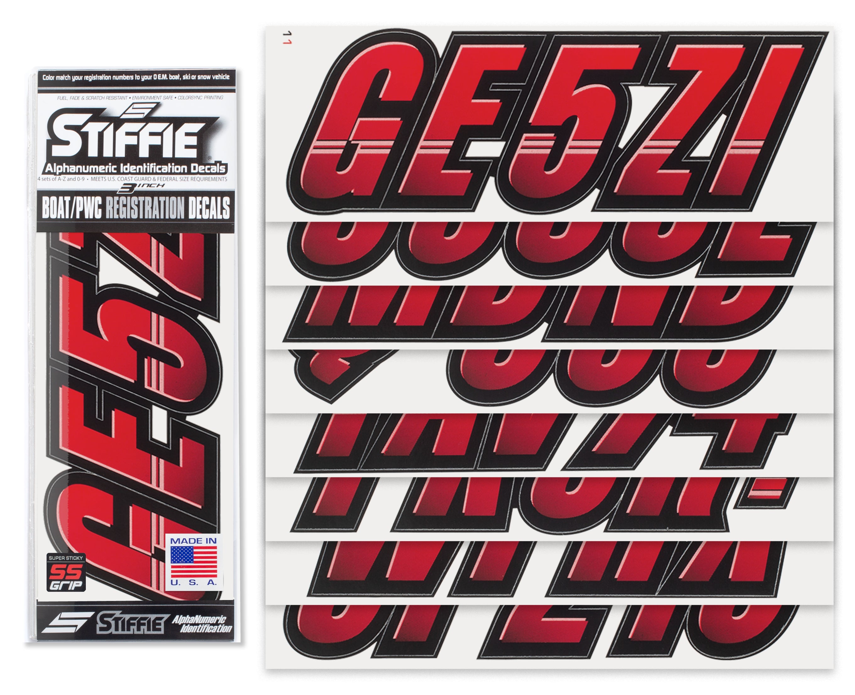 Stiffie Techtron Red/Black Super Sticky 3" Alpha Numeric Registration Identification Numbers Stickers Decals for Sea-Doo Spark, Inflatable Boats, Ribs, Hypalon/PVC, PWC and Boats.