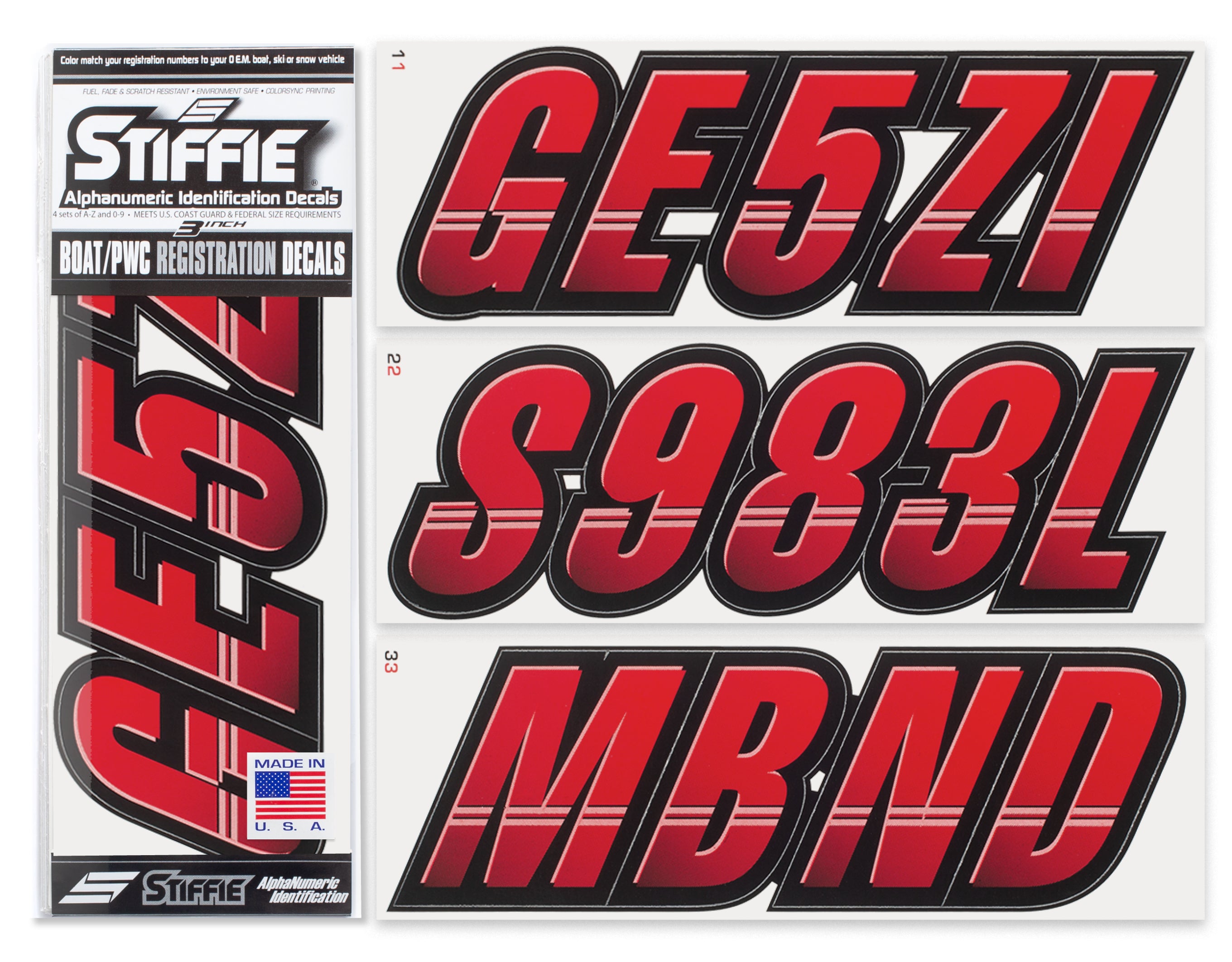 Stiffie Techtron Red/Black 3" Alpha-Numeric Registration Identification Numbers Stickers Decals for Boats & Personal Watercraft