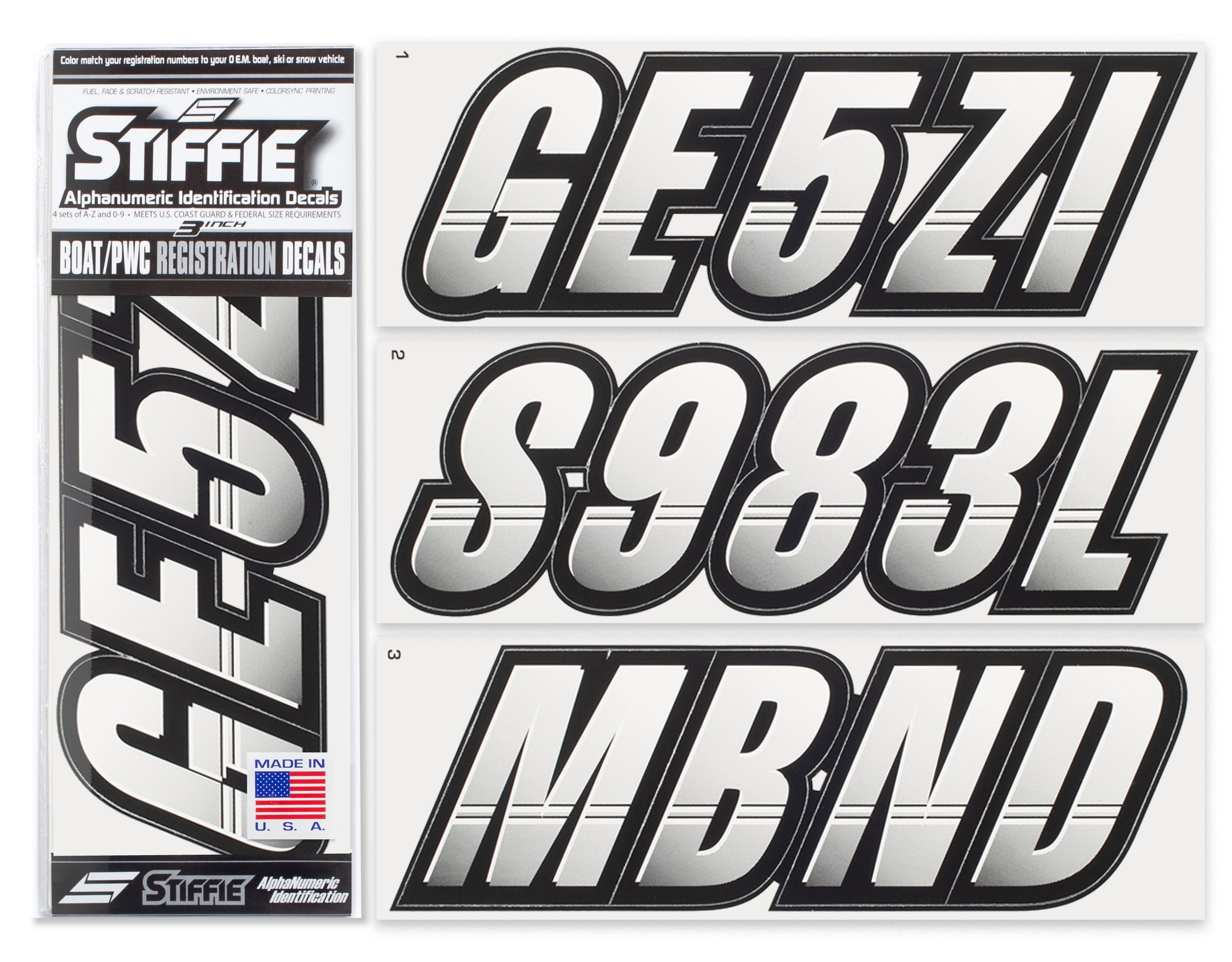 STIFFIE Techtron White/Black 3" Alpha-Numeric Registration Identification Numbers Stickers Decals for Boats & Personal Watercraft