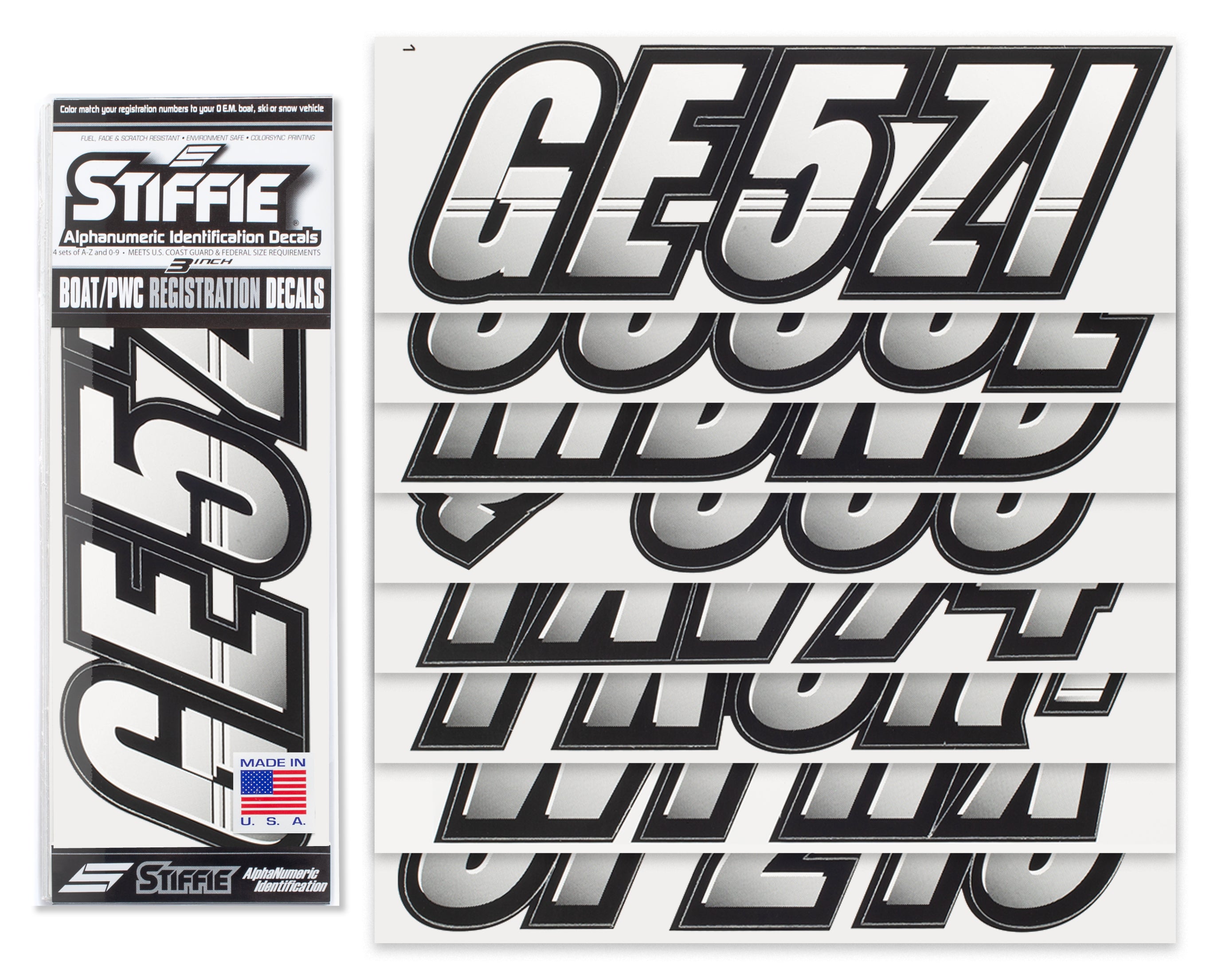 STIFFIE Techtron White/Black 3" Alpha-Numeric Registration Identification Numbers Stickers Decals for Boats & Personal Watercraft