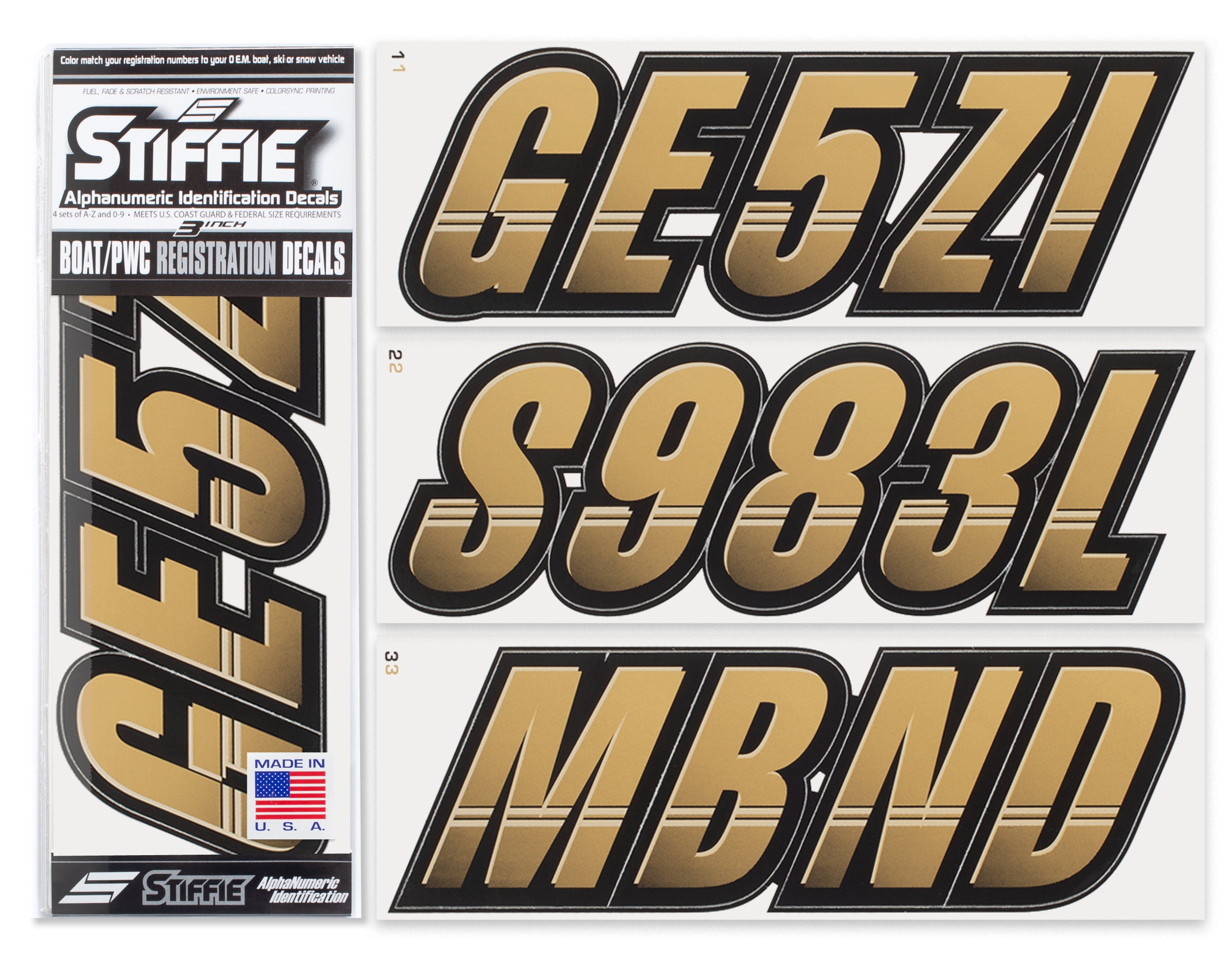 Stiffie Techtron Tan/Black 3" Alpha-Numeric Registration Identification Numbers Stickers Decals for Boats & Personal Watercraft