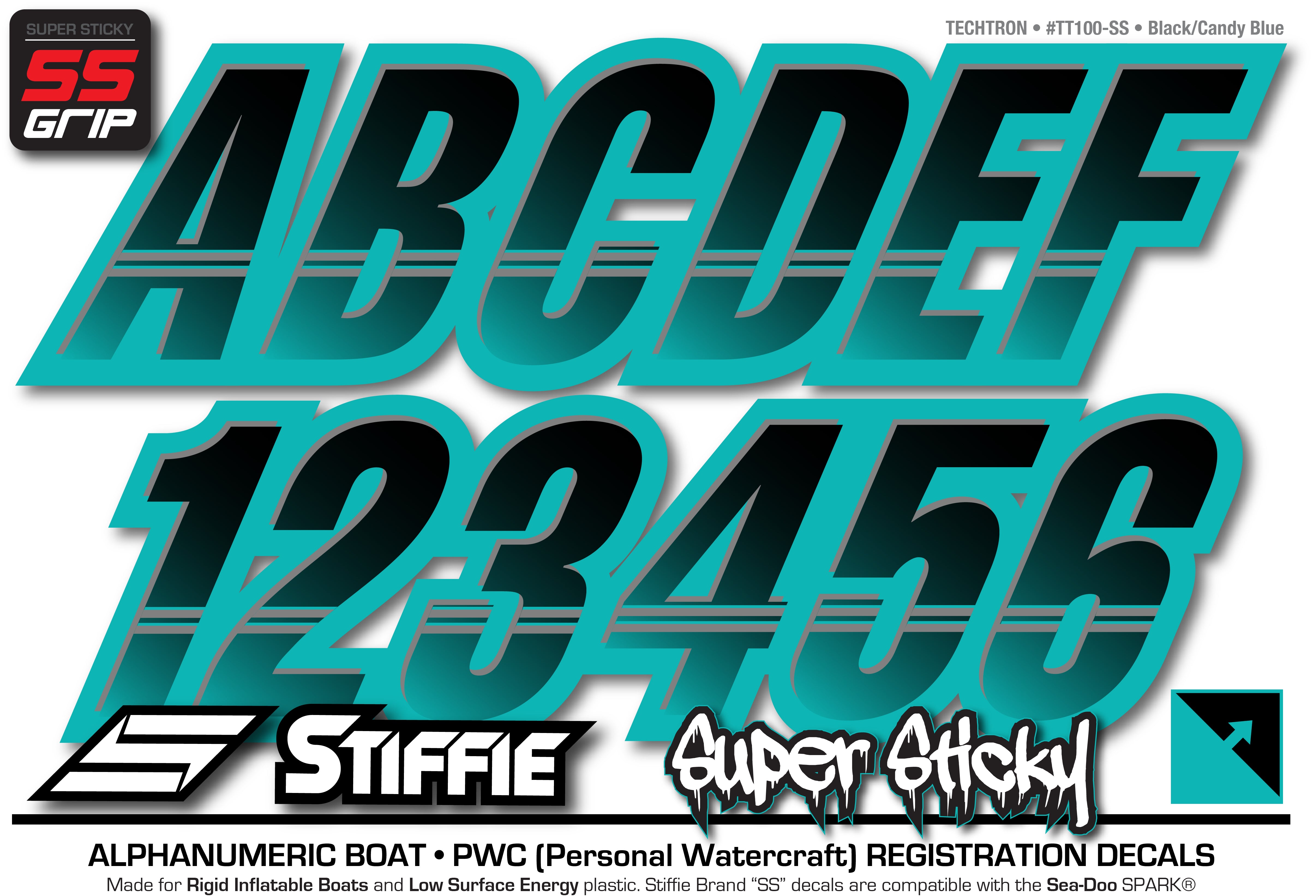 Atv Letters STIFFIE Techtron Black/Candy Blue 3” Super Sticky Boat & PWC Registrat