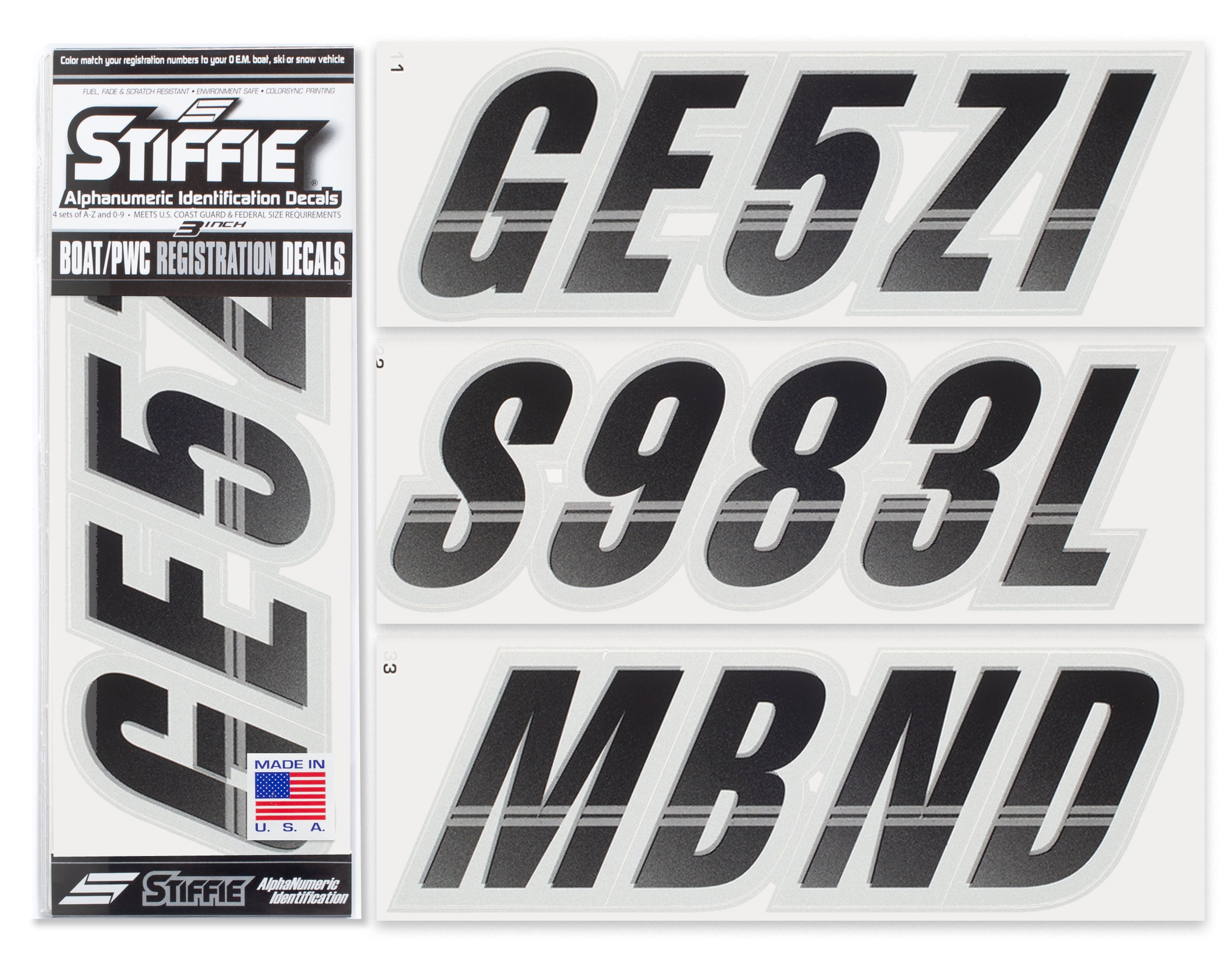 STIFFIE Techtron Black/Metallic Silver 3” Boat & PWC Registration Decals • Numbers Letters Stickers