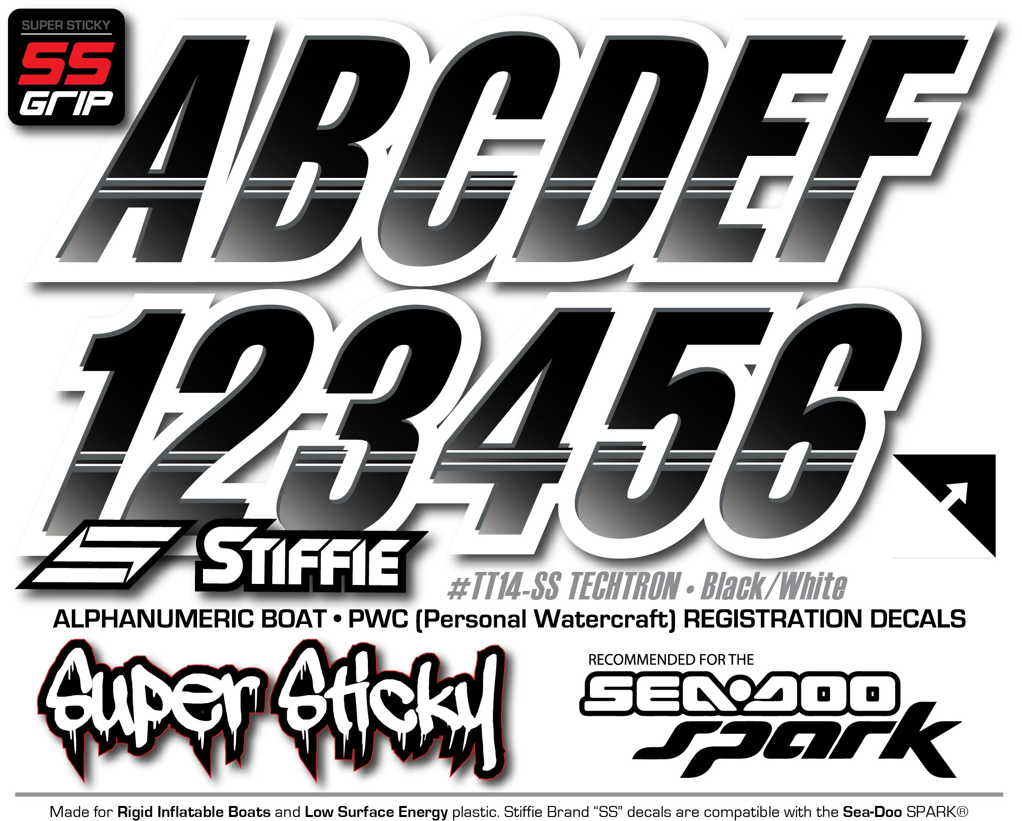 Atv Letters STIFFIE Techtron Black/White 3” Super Sticky Boat & PWC Registration D