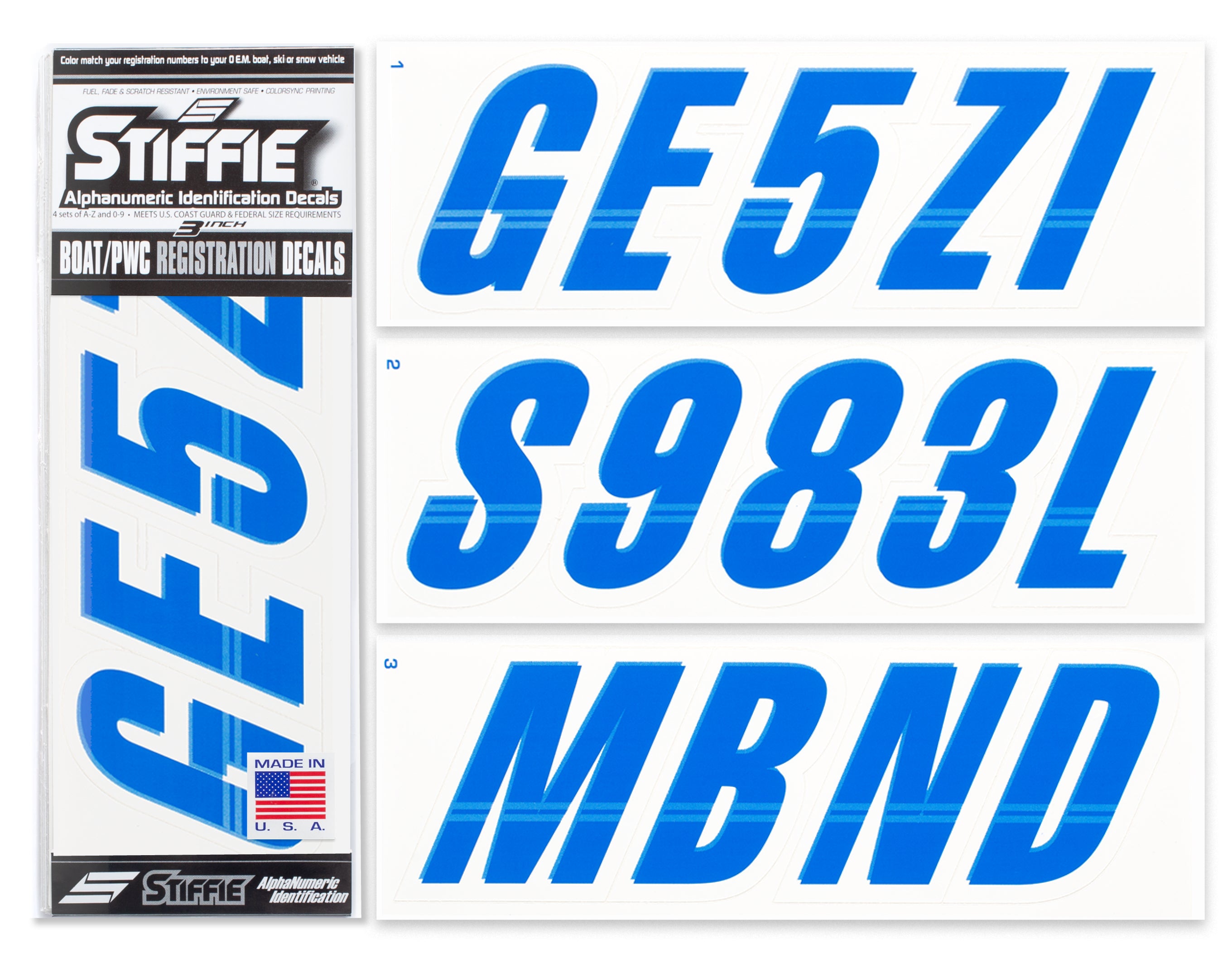 STIFFIE Techtron Blue/White 3” Boat & PWC Registration Decals • Number