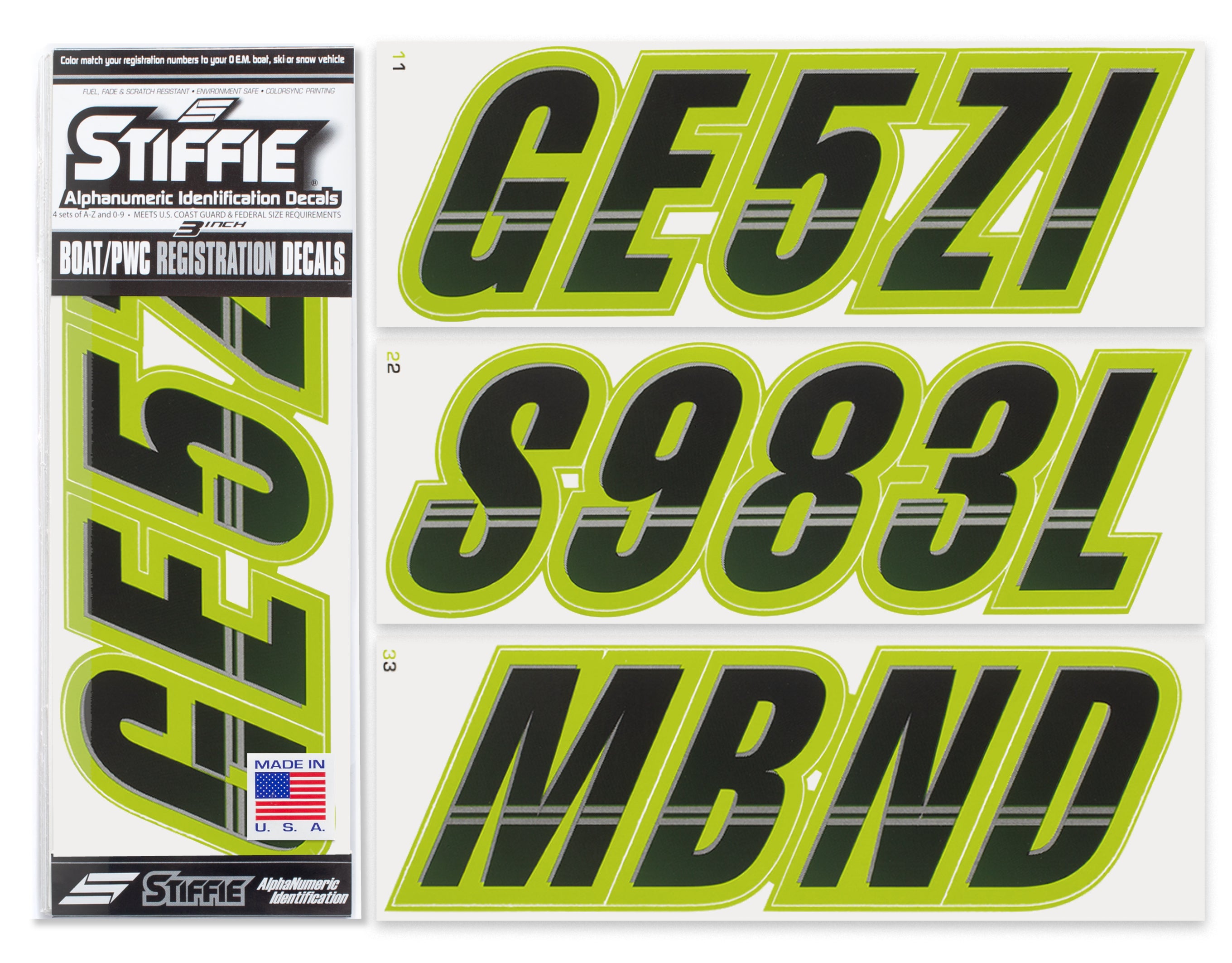 STIFFIE Techtron Black/Jade 3” Boat & PWC Registration Decals • Numbers Letters Stickers