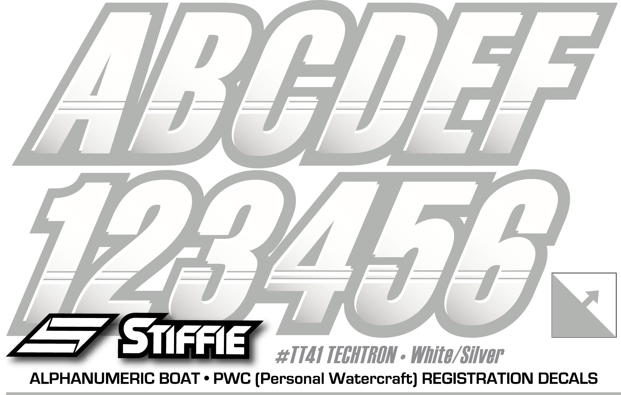 Atv Letters STIFFIE Techtron White/Metallic Silver 3” Boat & PWC Registration Deca