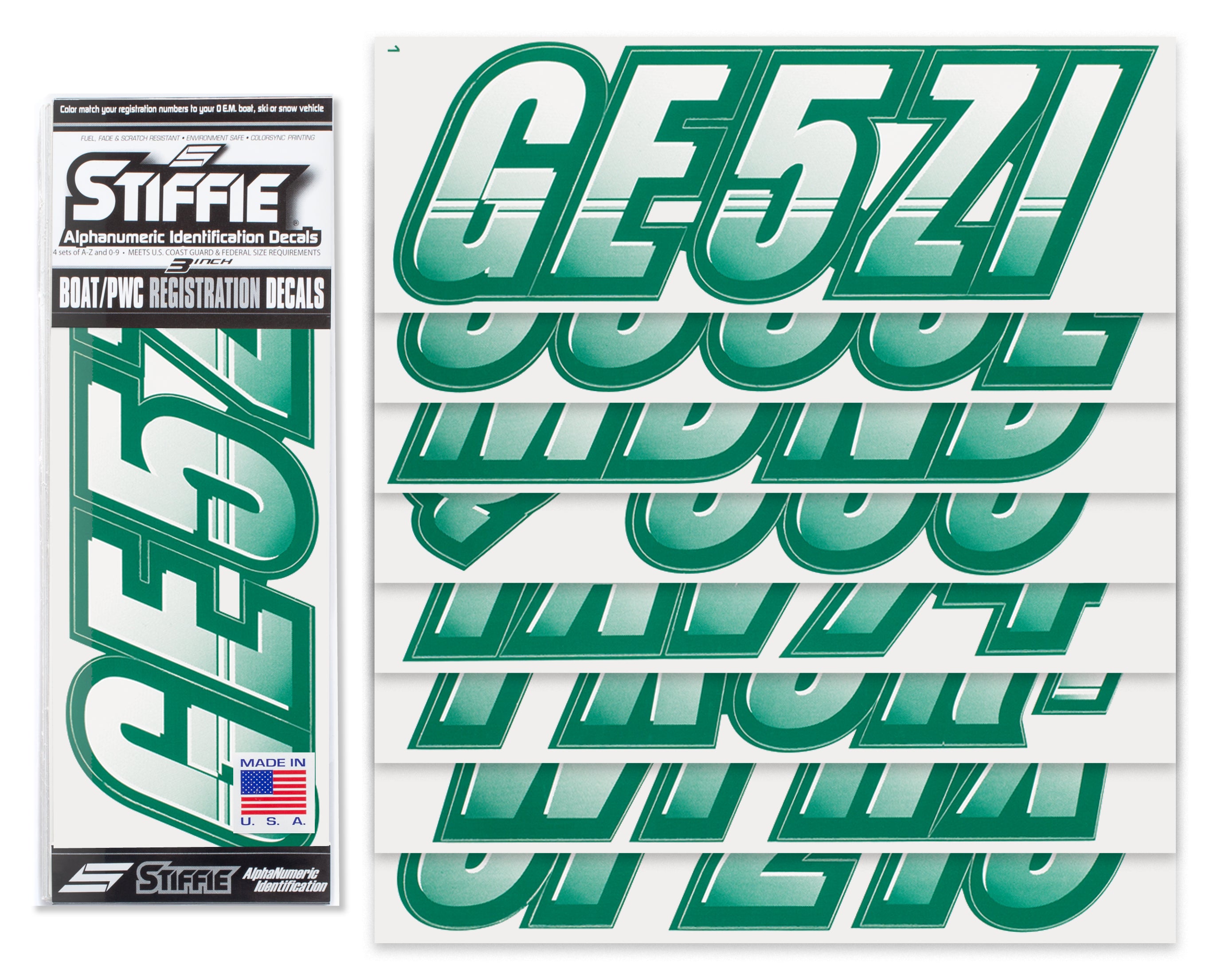 STIFFIE Techtron White/Racing Green 3” Boat & PWC Registration Decals