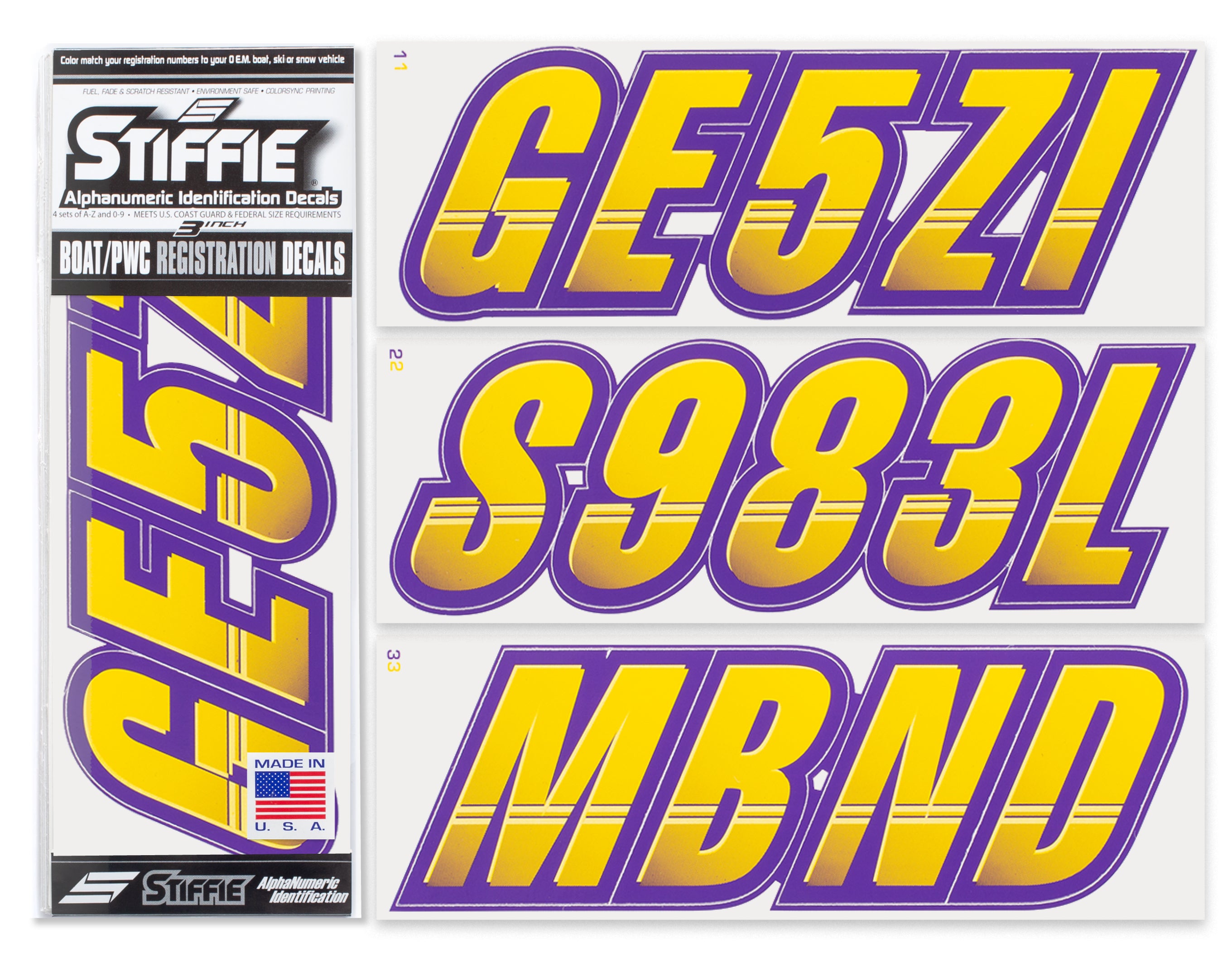 STIFFIE Techtron Yellow/Purple 3” Boat & PWC Registration Decals • Numbers Letters Stickers