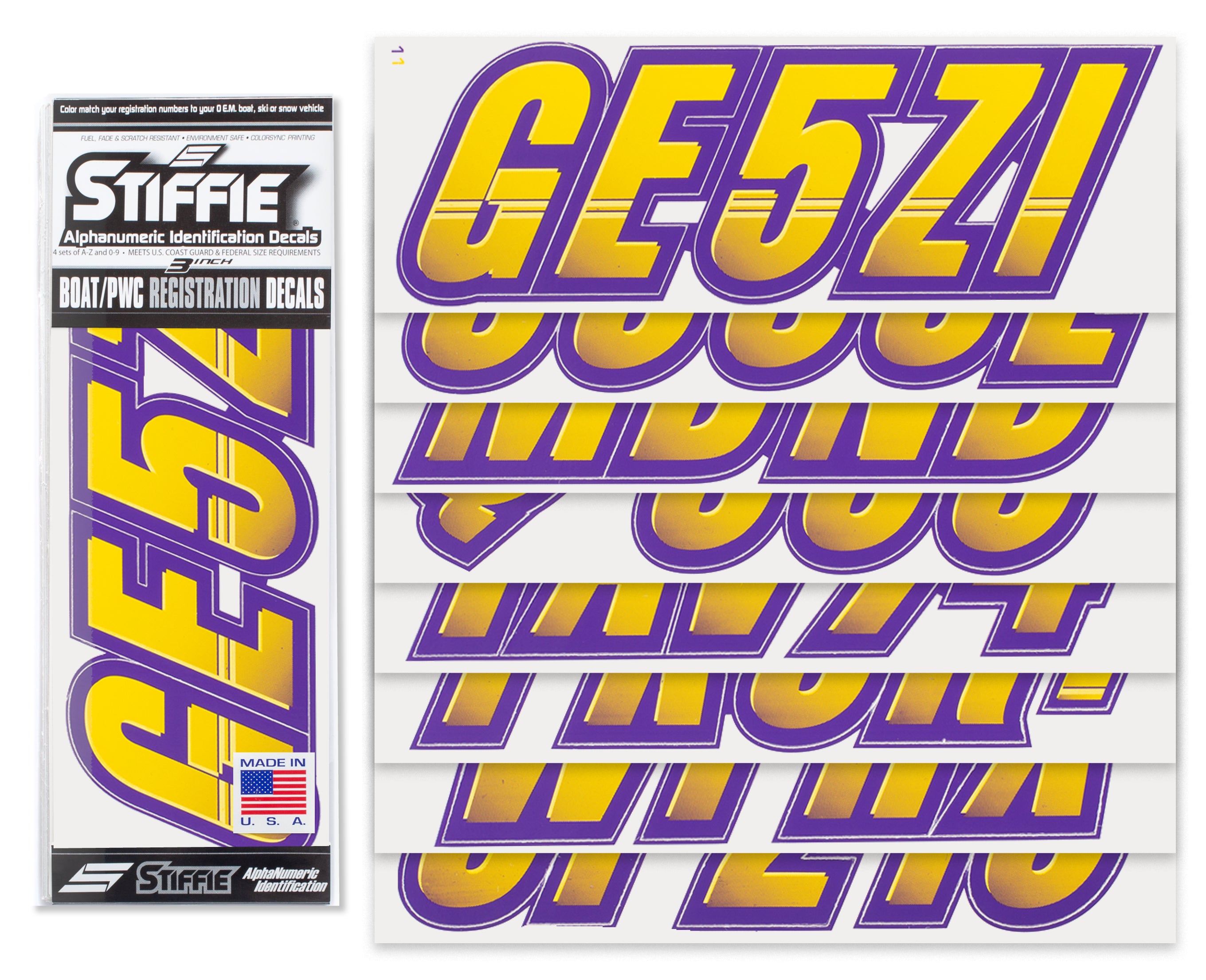 STIFFIE Techtron Yellow/Purple 3” Boat & PWC Registration Decals • Numbers Letters Stickers
