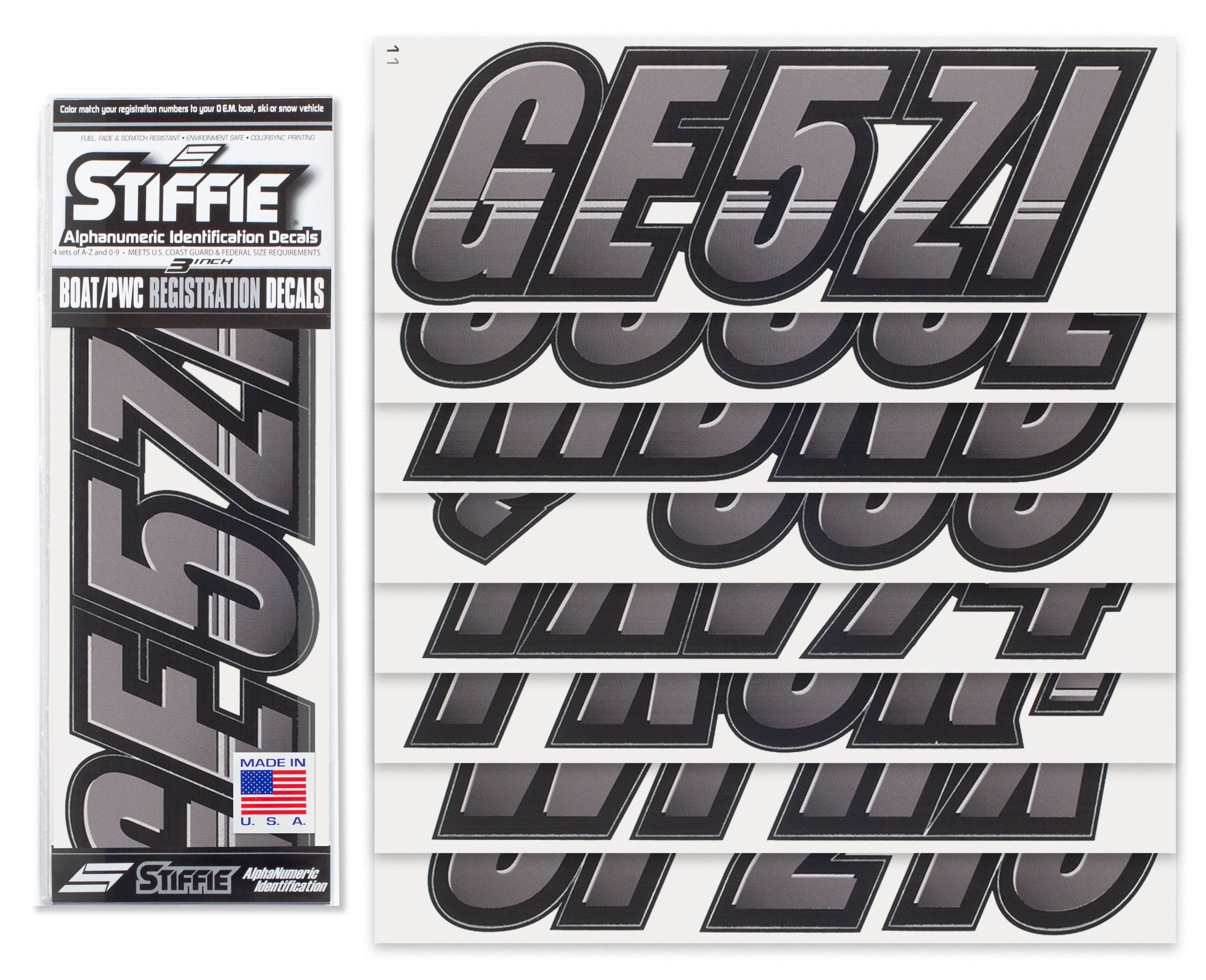 Techtron Gunmetal/Black 3" Alpha-Numeric Registration Identification Numbers Stickers Decals for Boats & Personal Watercraft