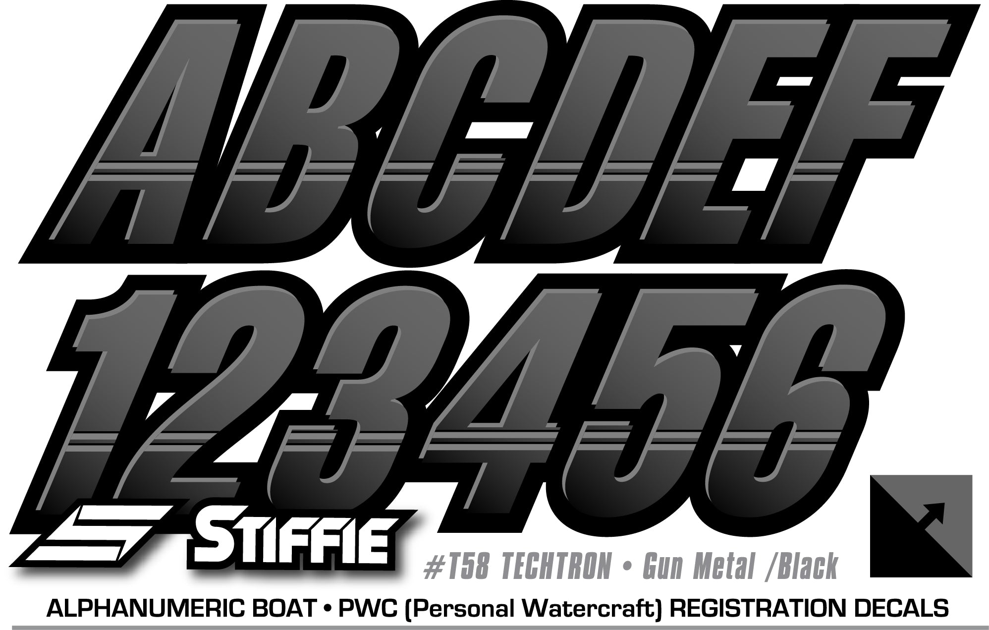 Atv Letters STIFFIE Techtron Gunmetal/Black 3” Boat & PWC Registration Decals • Nu