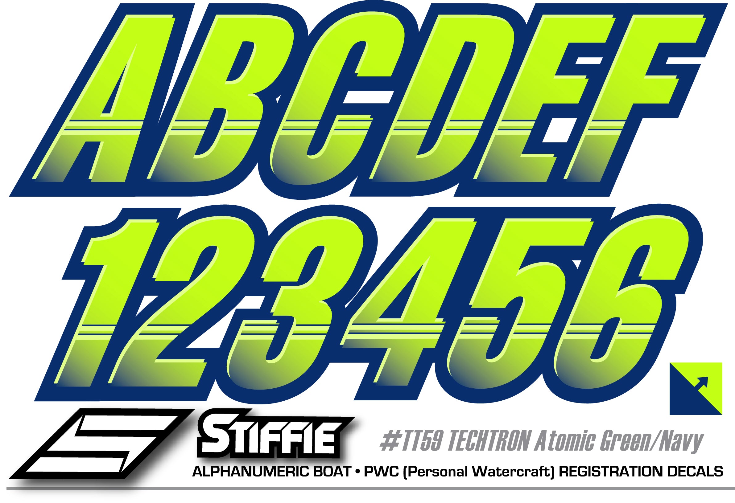 Atv Letters STIFFIE Techtron Atomic Green/Navy 3” Boat & PWC Registration Decals