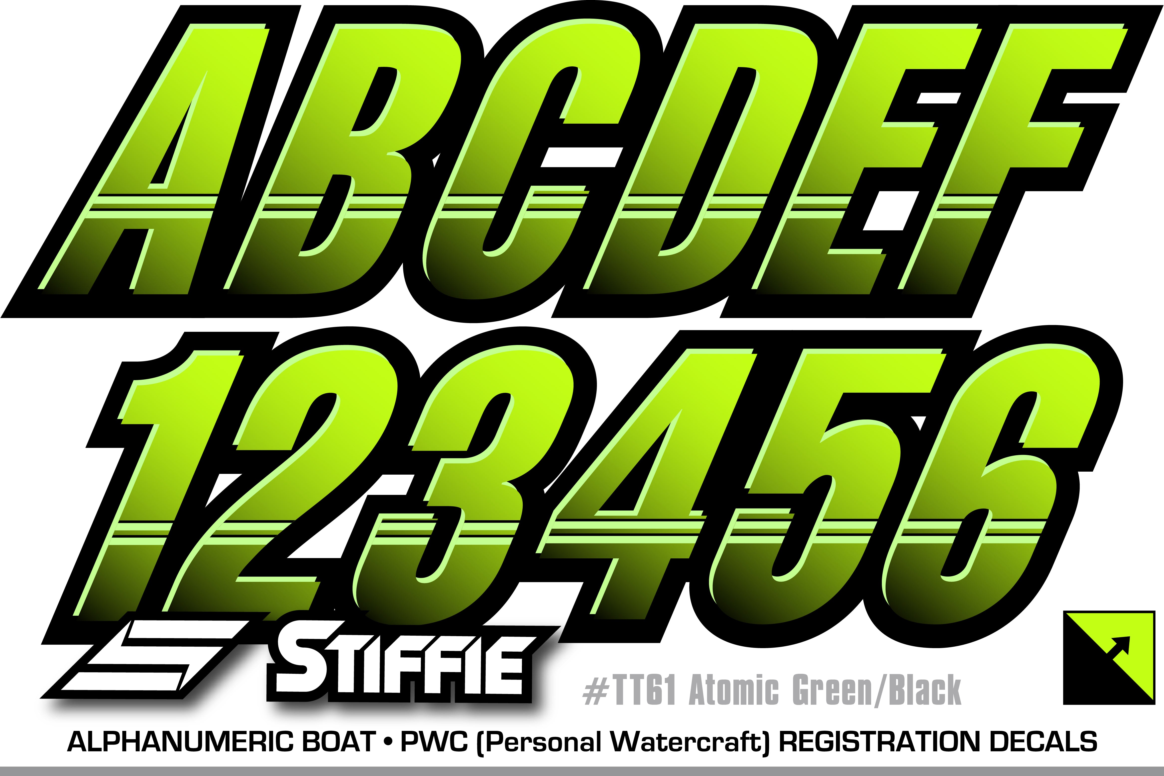 Atv Letters STIFFIE Techtron Atomic Green/Black 3” Boat & PWC Registration Decals