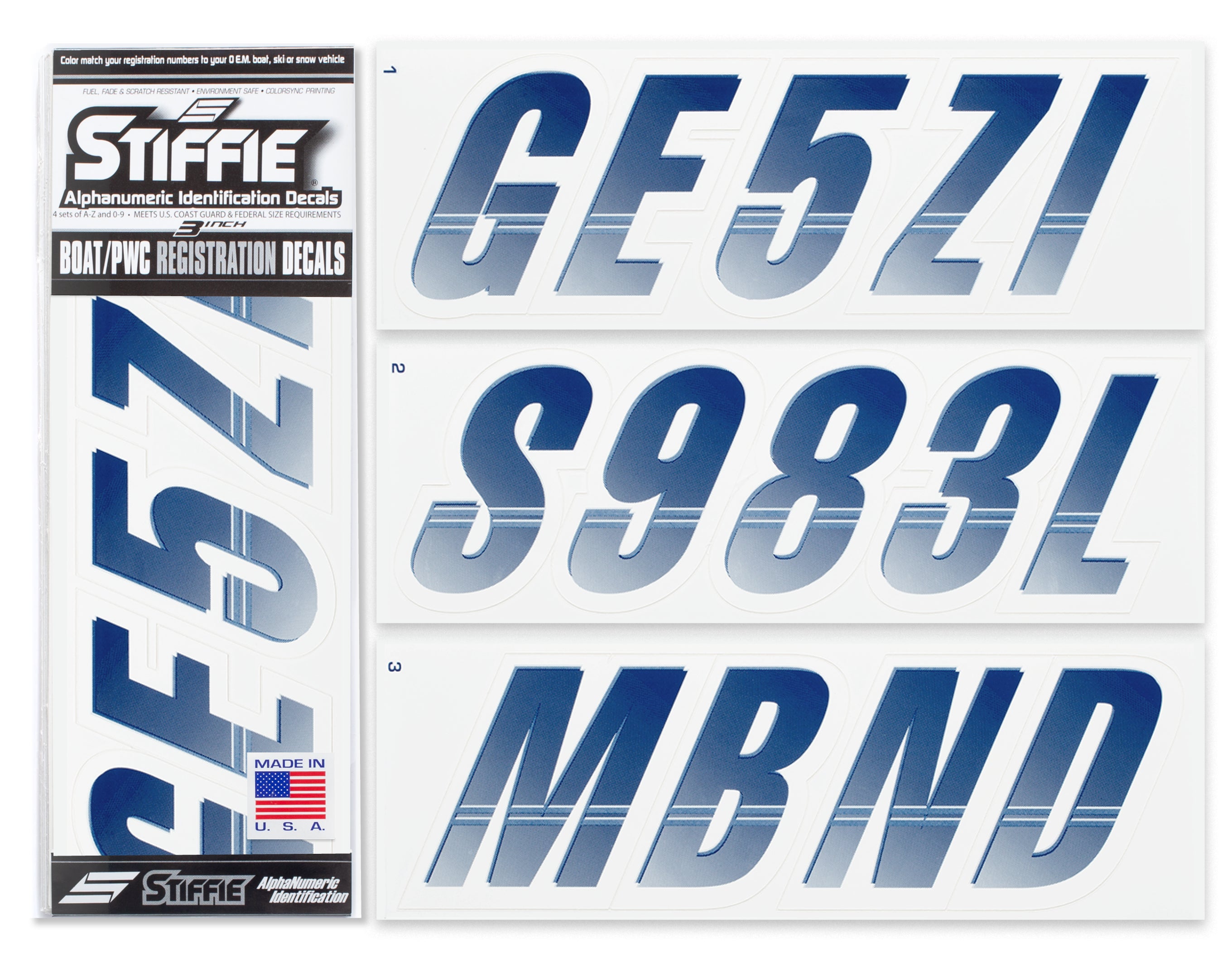 STIFFIE Techtron Navy/White 3” Boat & PWC Registration Decals • Number