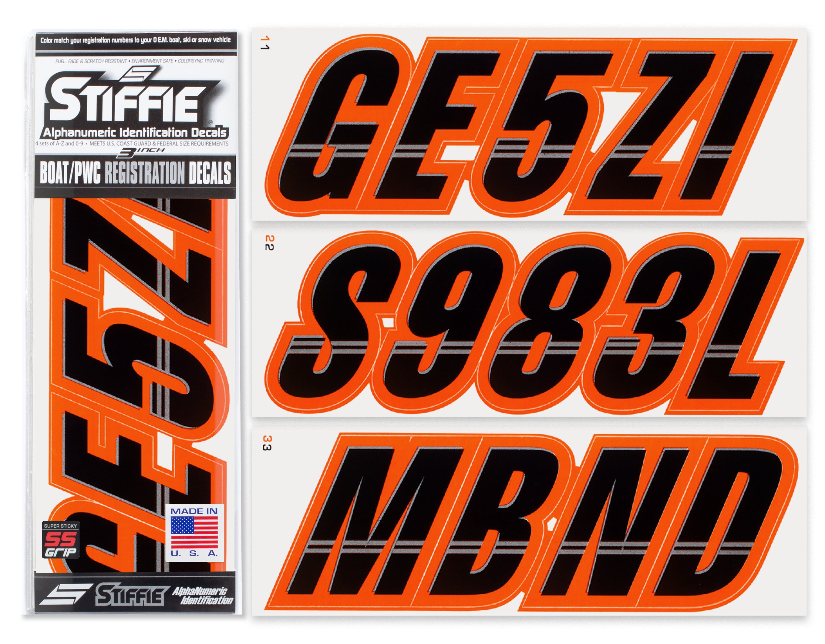 STIFFIE Techtron Black/Orange 3” Super Sticky Boat & PWC Registration Decals • Numbers Letters Stickers