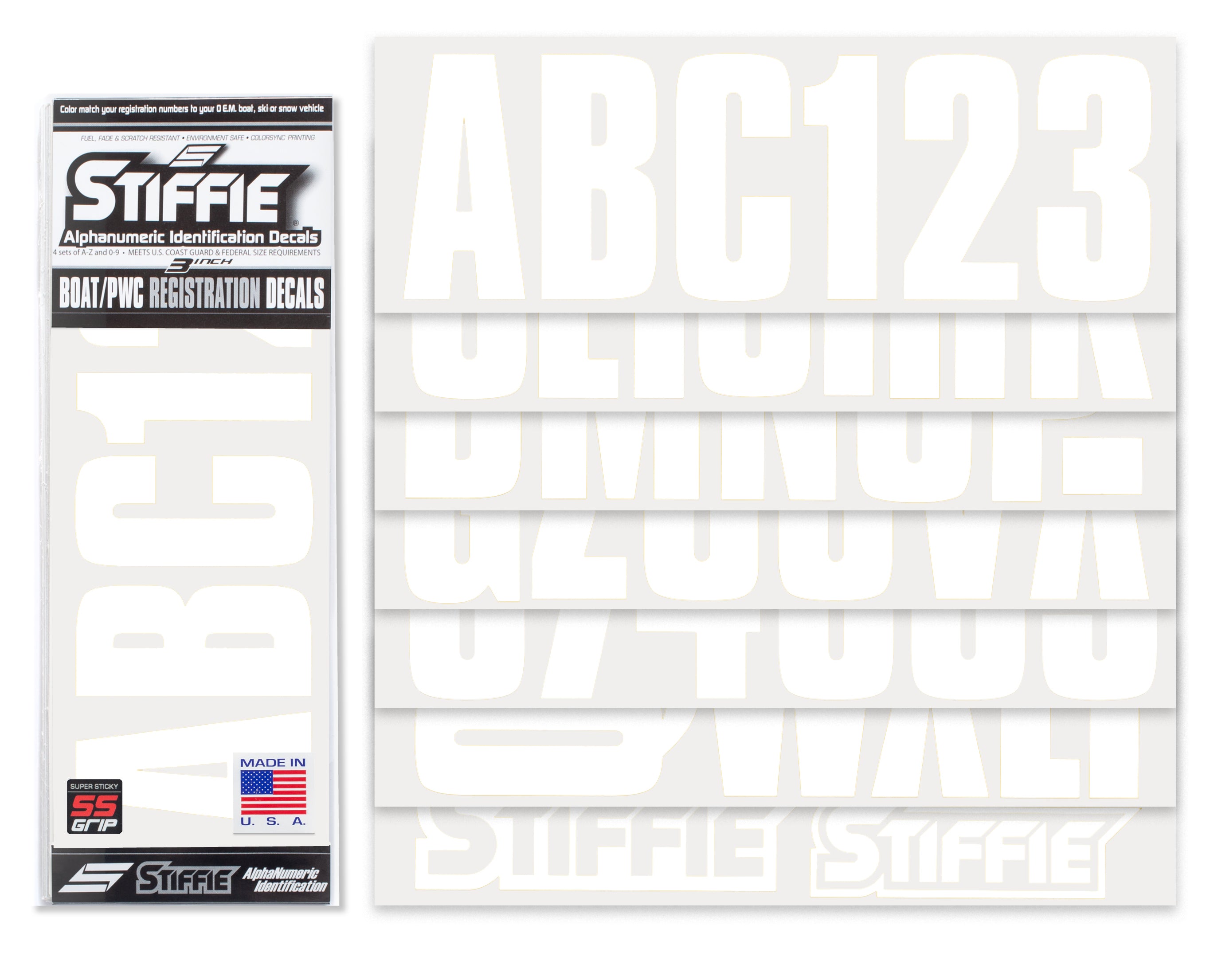 STIFFIE Uniline White Super Sticky 3" Alpha Numeric Registration Identification Numbers Stickers Decals for Sea-Doo Spark, Inflatable Boats, Ribs, Hypalon/PVC, PWC and Boats