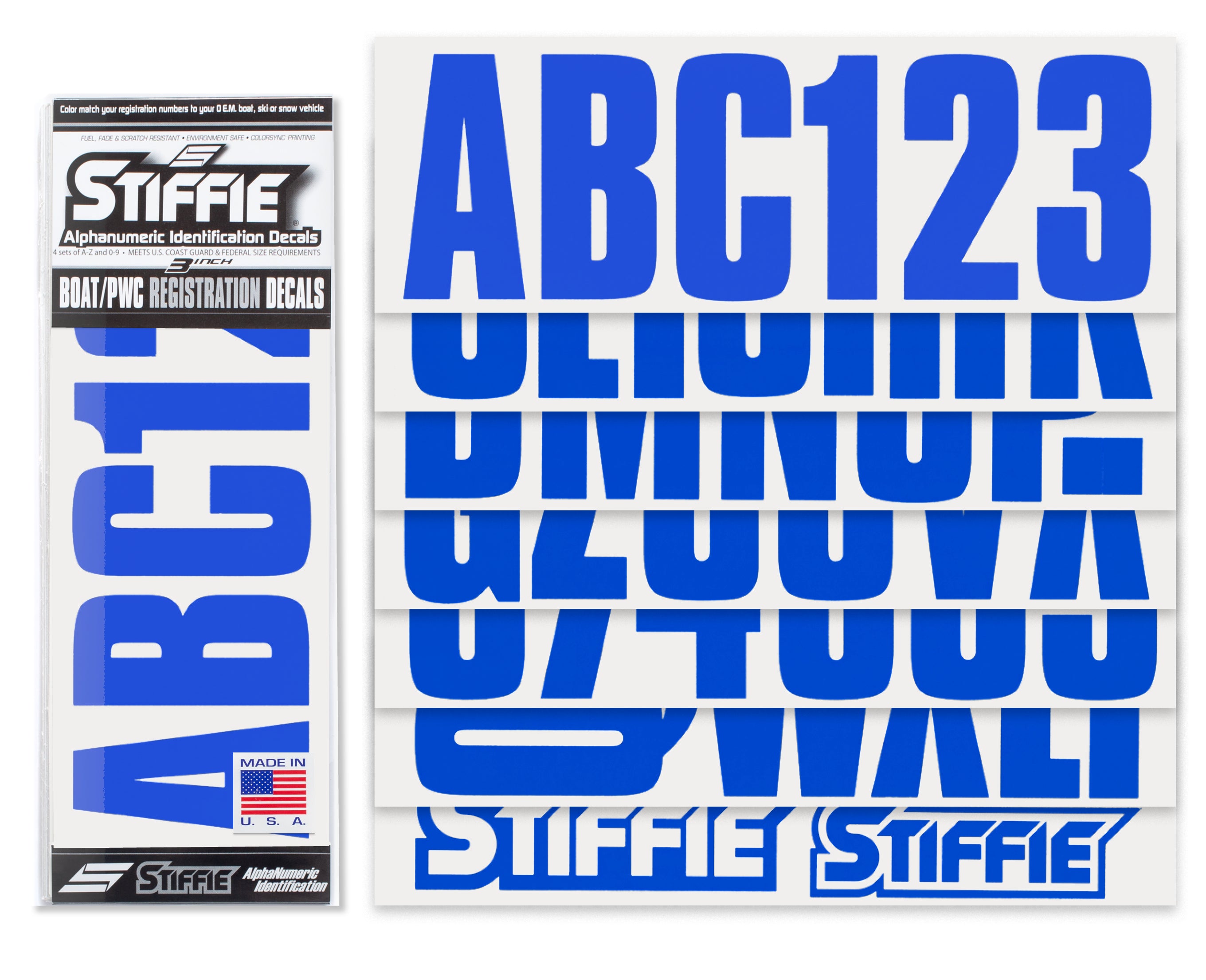 STIFFIE Uniline Blue 3" ID Kit Alpha-Numeric Registration Identification Numbers Stickers Decals for Boats & Personal Watercraft