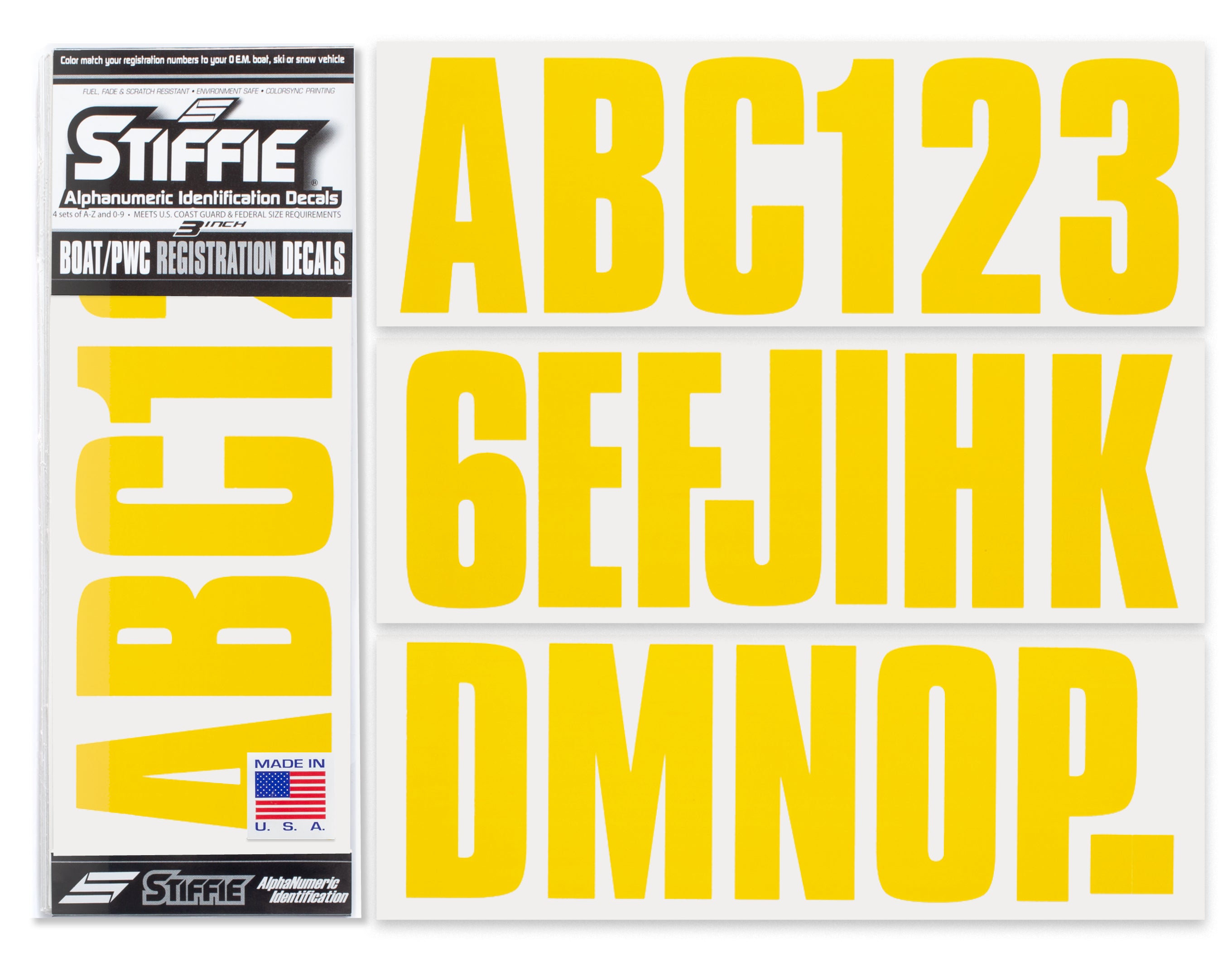 STIFFIE Uniline Yellow 3" ID Kit Alpha-Numeric Registration Identification Numbers Stickers Decals for Boats & Personal Watercraft