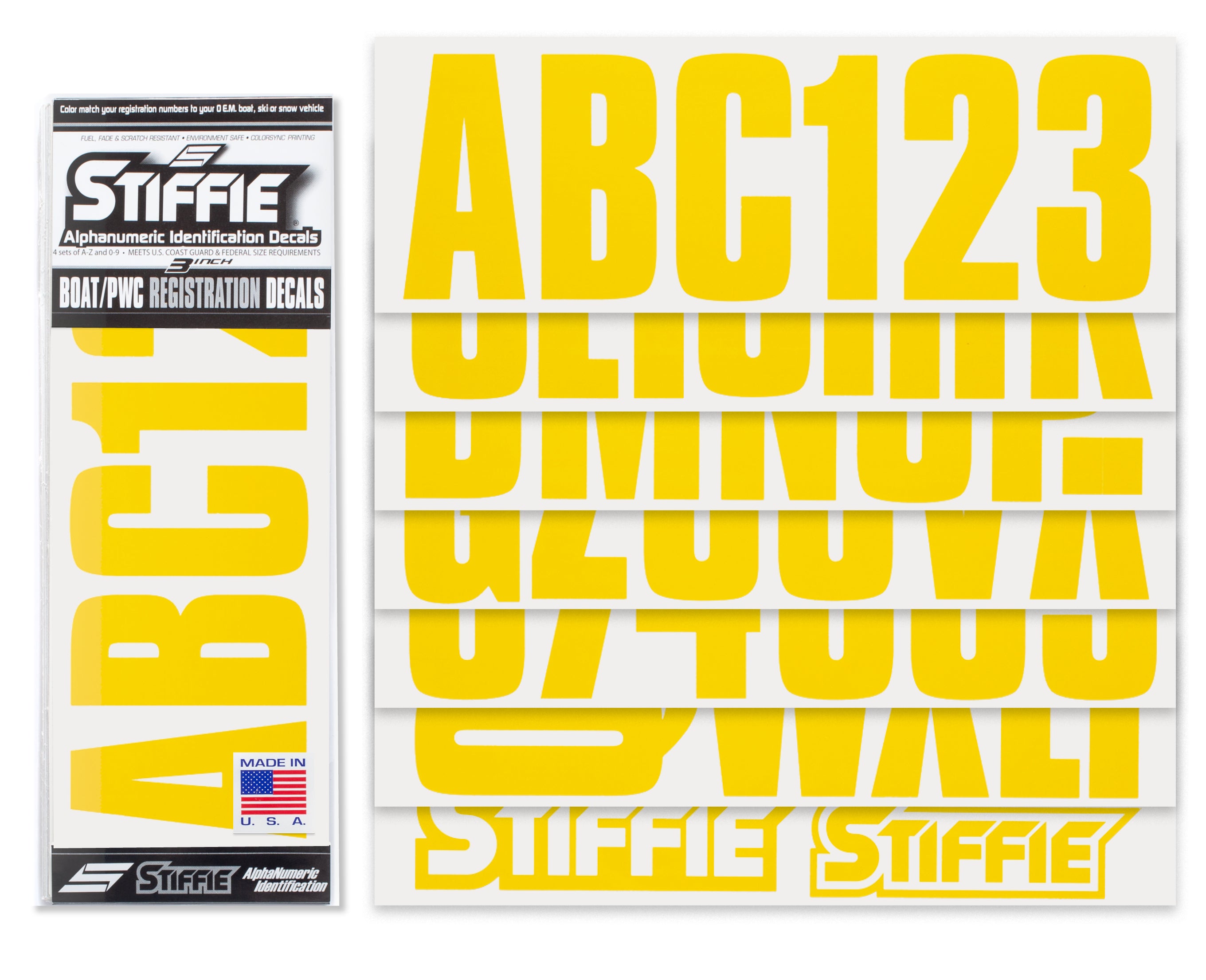 STIFFIE Uniline Yellow 3" ID Kit Alpha-Numeric Registration Identification Numbers Stickers Decals for Boats & Personal Watercraft