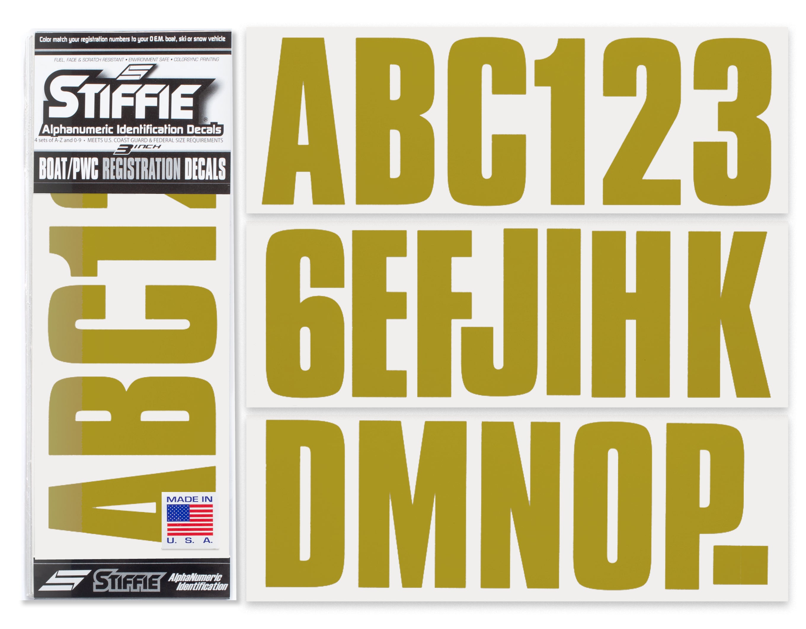 STIFFIE Uniline Metallic Gold 3" ID Kit Alpha-Numeric Registration Identification Numbers Stickers Decals for Boats & Personal Watercraft