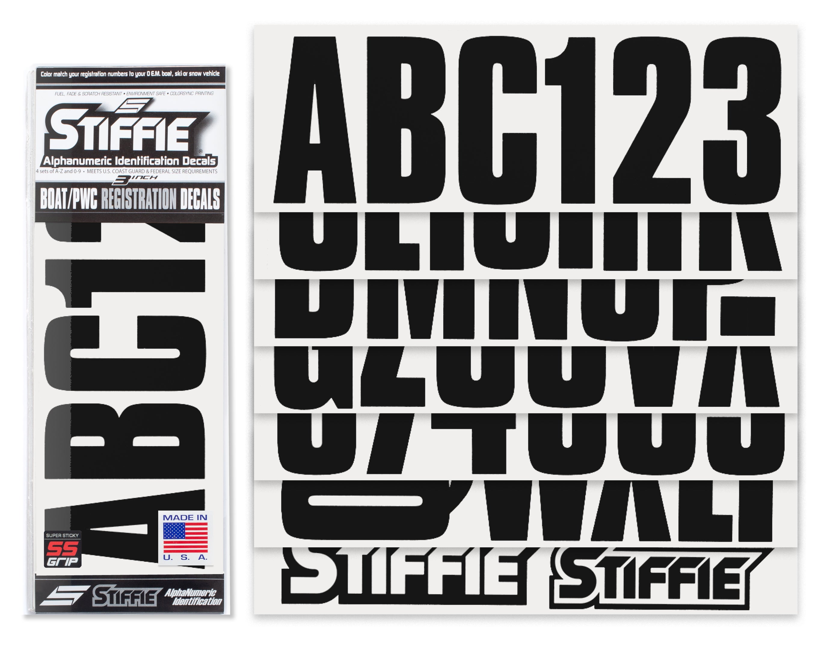 STIFFIE Uniline Black Super Sticky 3" Alpha Numeric Registration Identification Numbers Stickers Decals for Sea-Doo Spark, Inflatable Boats, Ribs, Hypalon/PVC, PWC and Boats