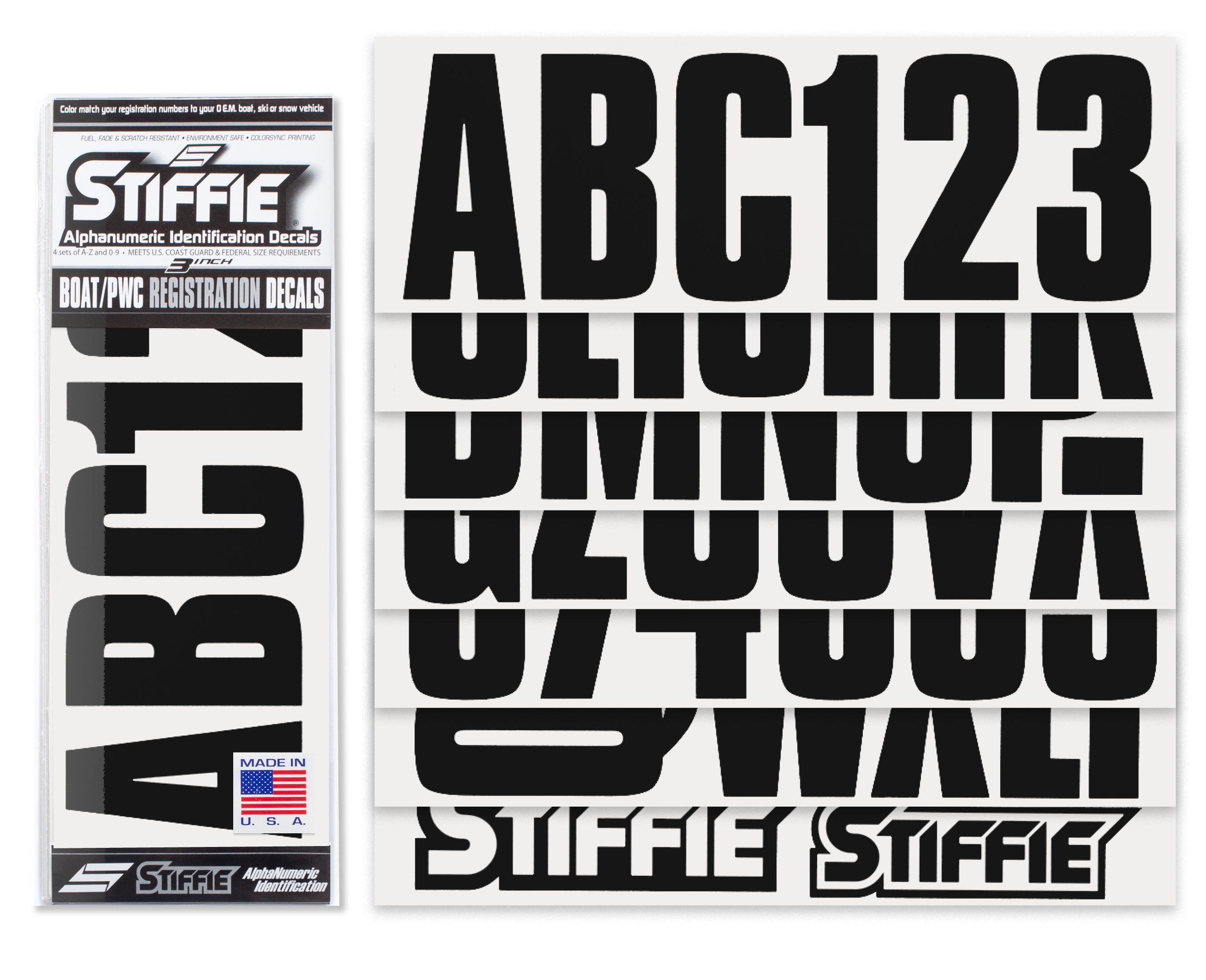 STIFFIE Uniline Black 3" ID Kit Alpha-Numeric Registration Identification Numbers Stickers Decals for Boats & Personal Watercraft