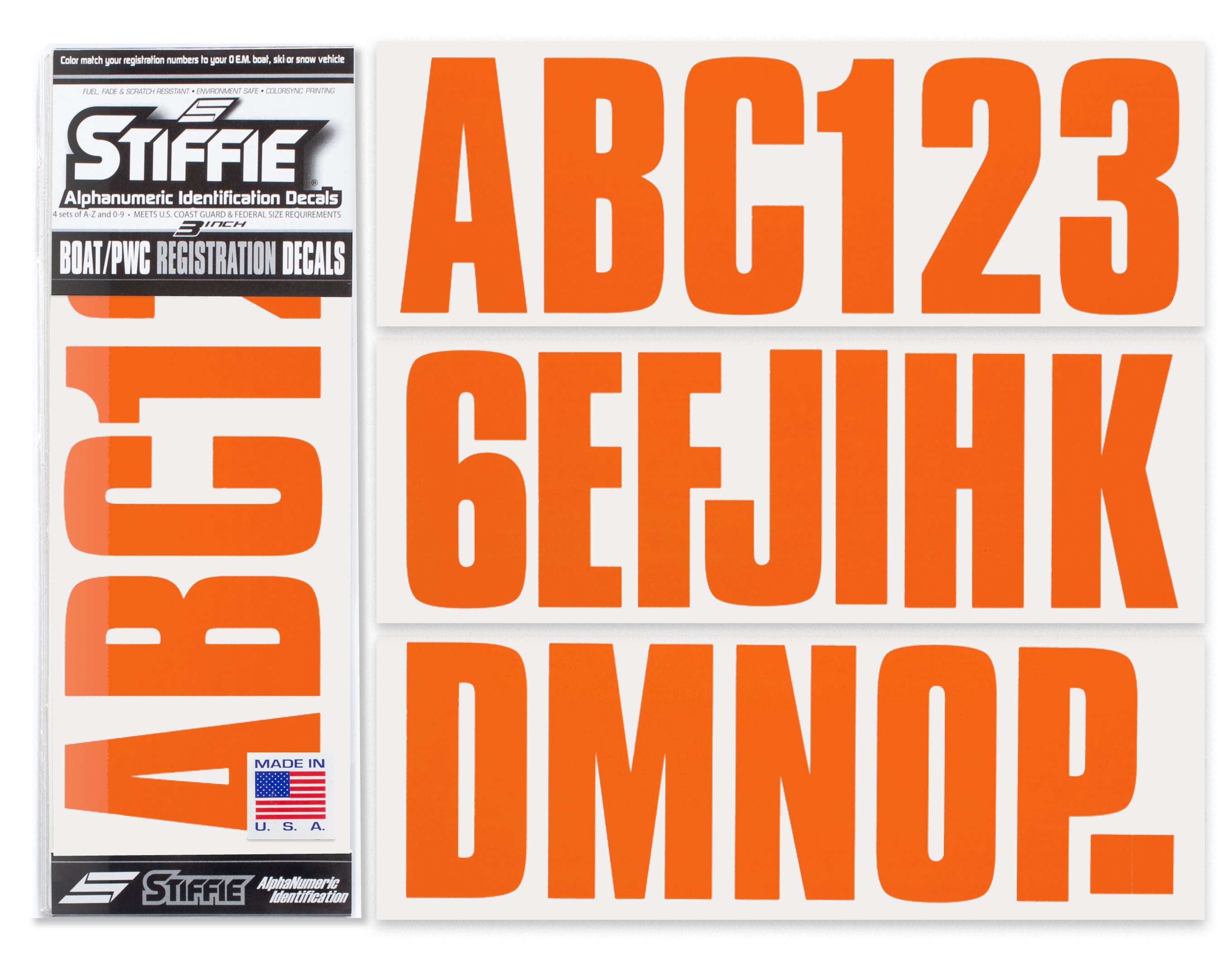 STIFFIE Uniline Orange 3" ID Kit Alpha-Numeric Registration Identification Numbers Stickers Decals for Boats & Personal Watercraft
